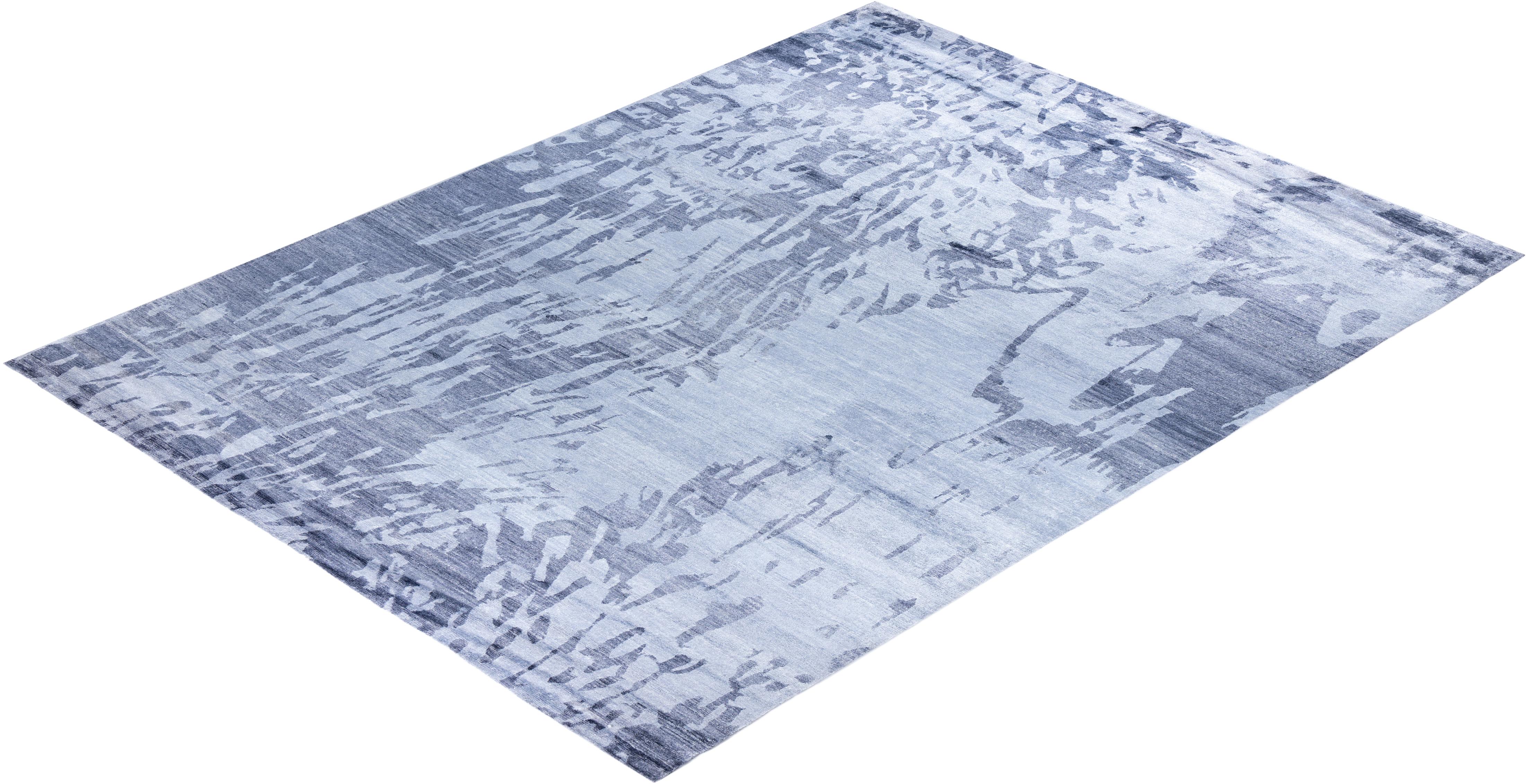 Contemporary Modern Hand Knotted Abstract Silk Gray Area Rug 9' 1