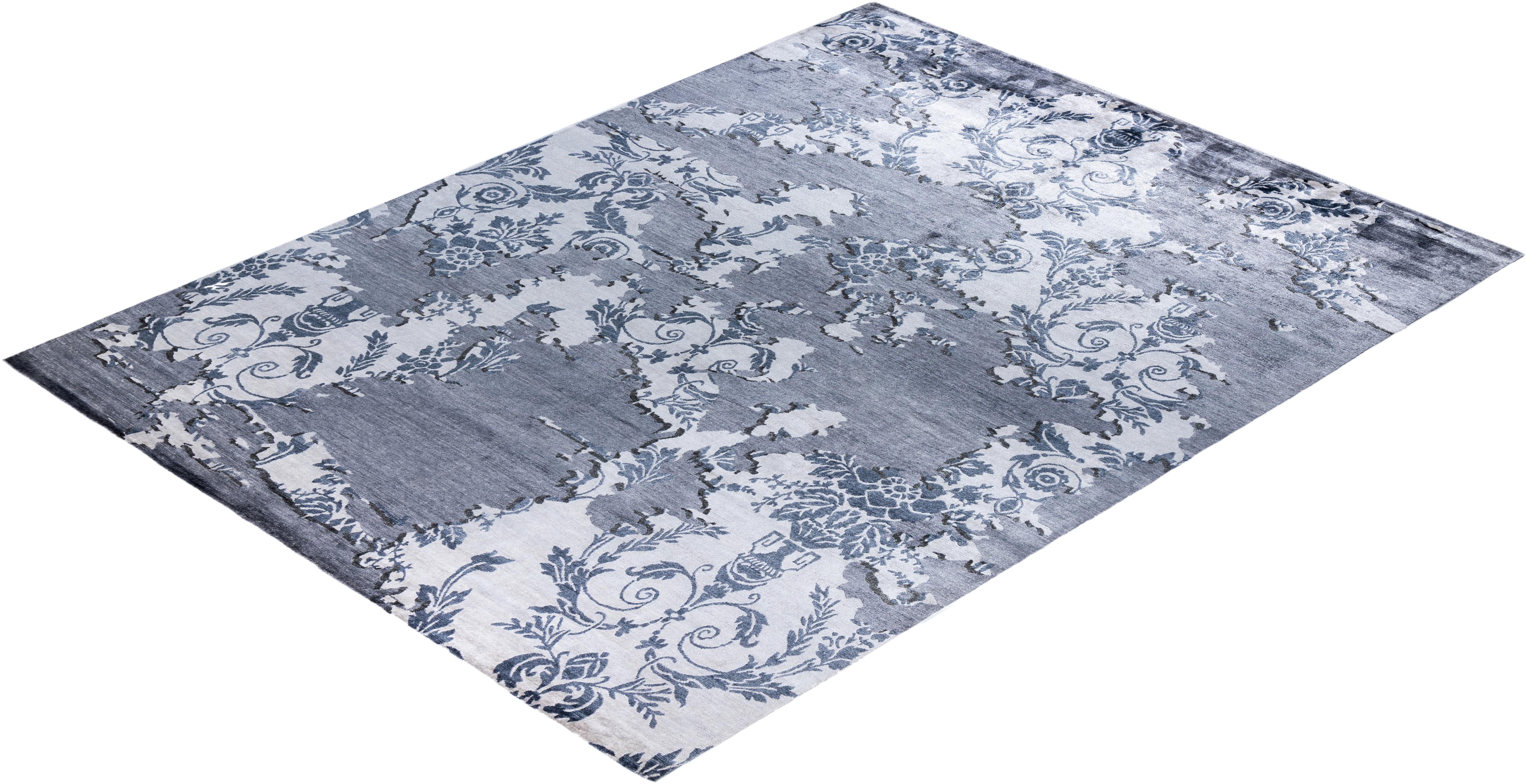 Contemporary Modern Hand Knotted Abstract Silk Gray Area Rug 9' 3