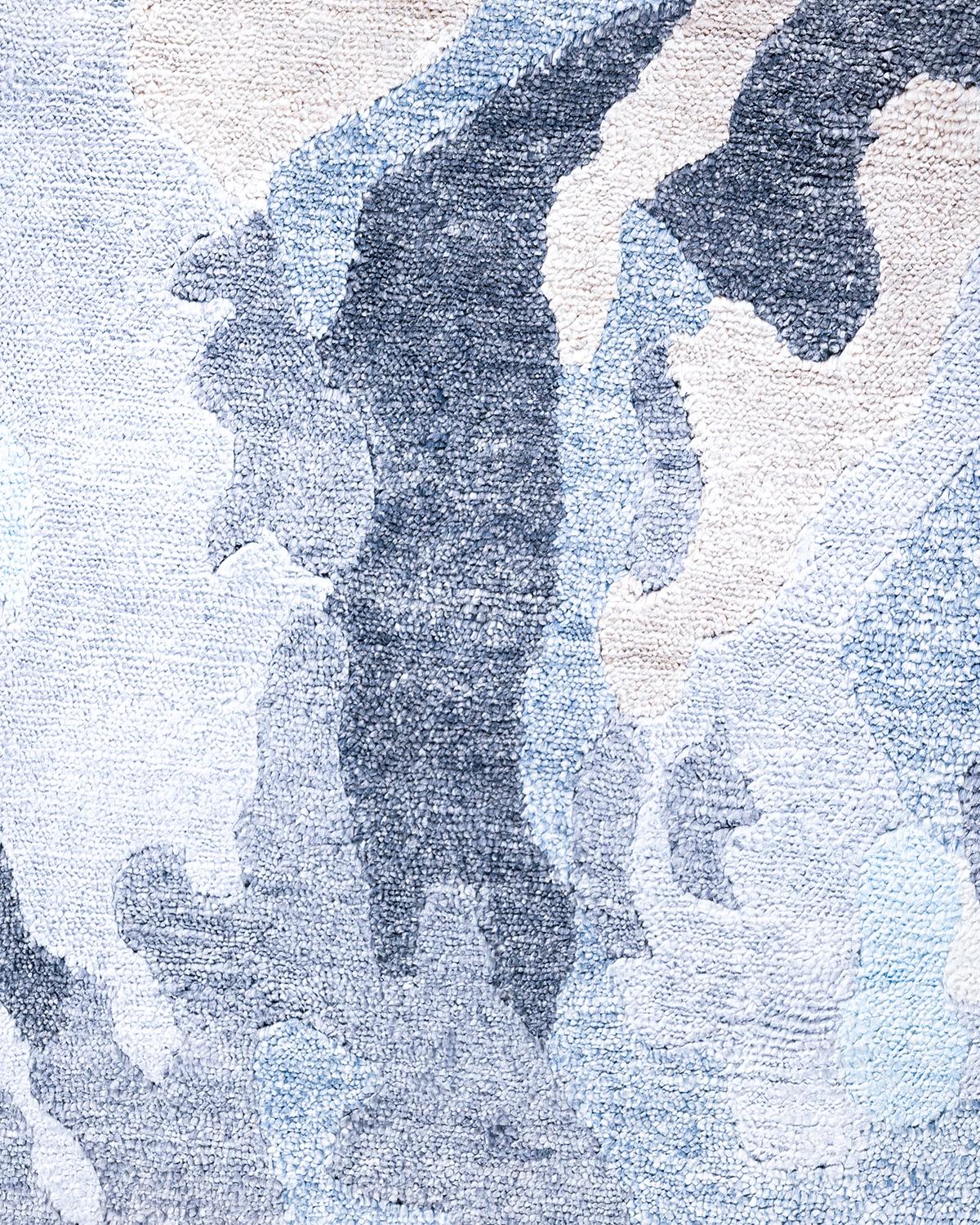 Indian Contemporary Modern Hand Knotted Abstract Silk Ivory Area Rug 9' 1