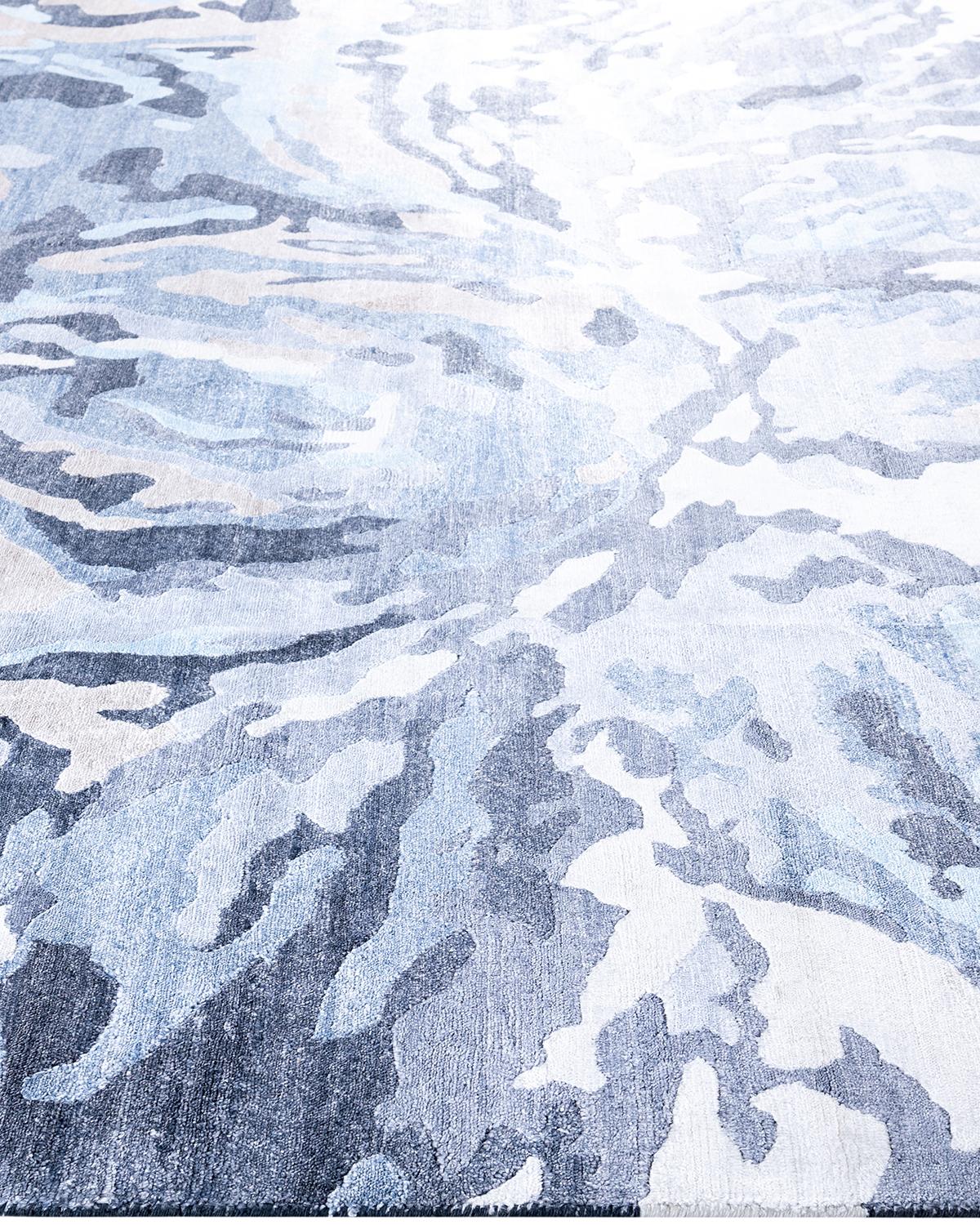 Hand-Knotted Contemporary Modern Hand Knotted Abstract Silk Ivory Area Rug 9' 1