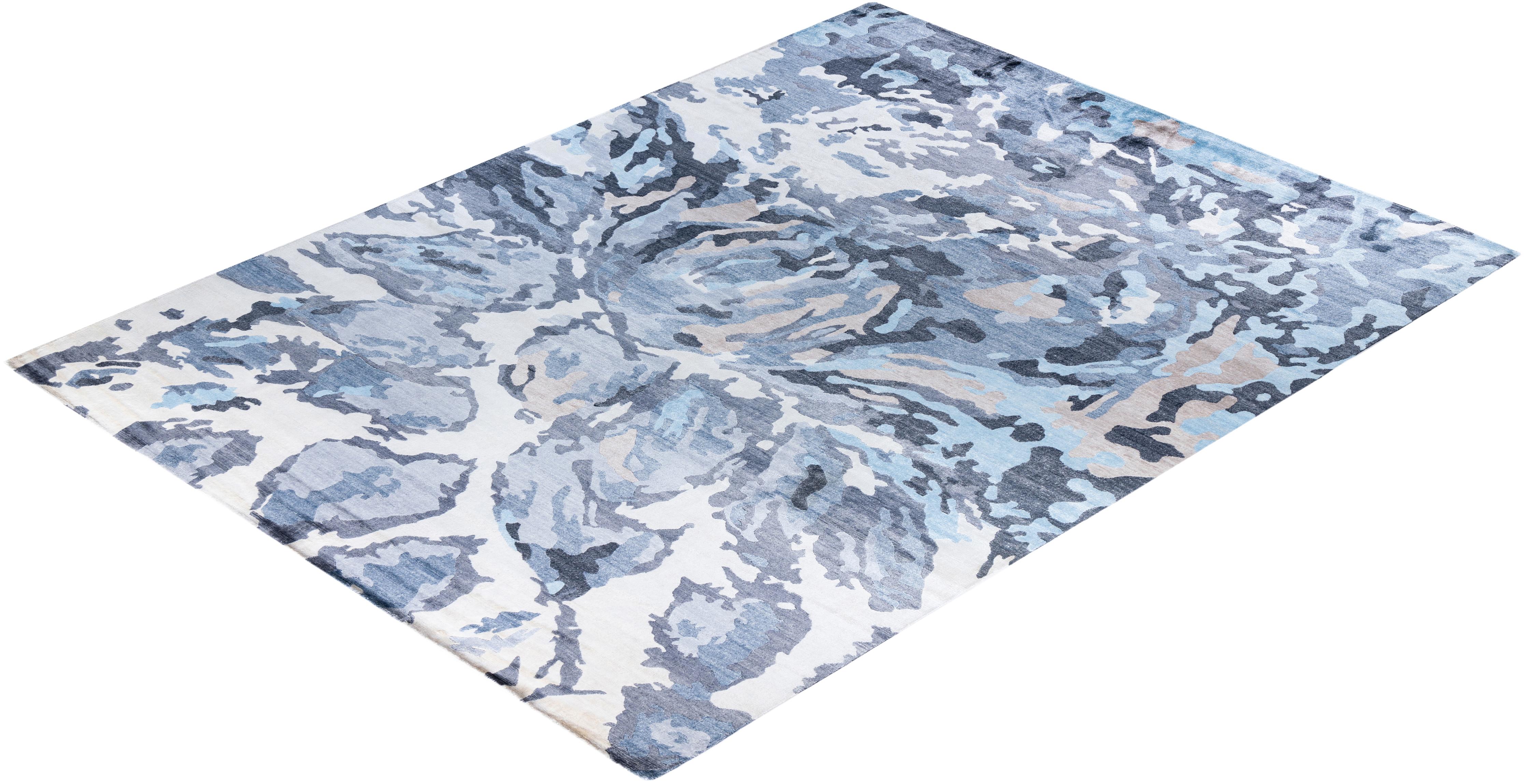 Contemporary Modern Hand Knotted Abstract Silk Ivory Area Rug 9' 1