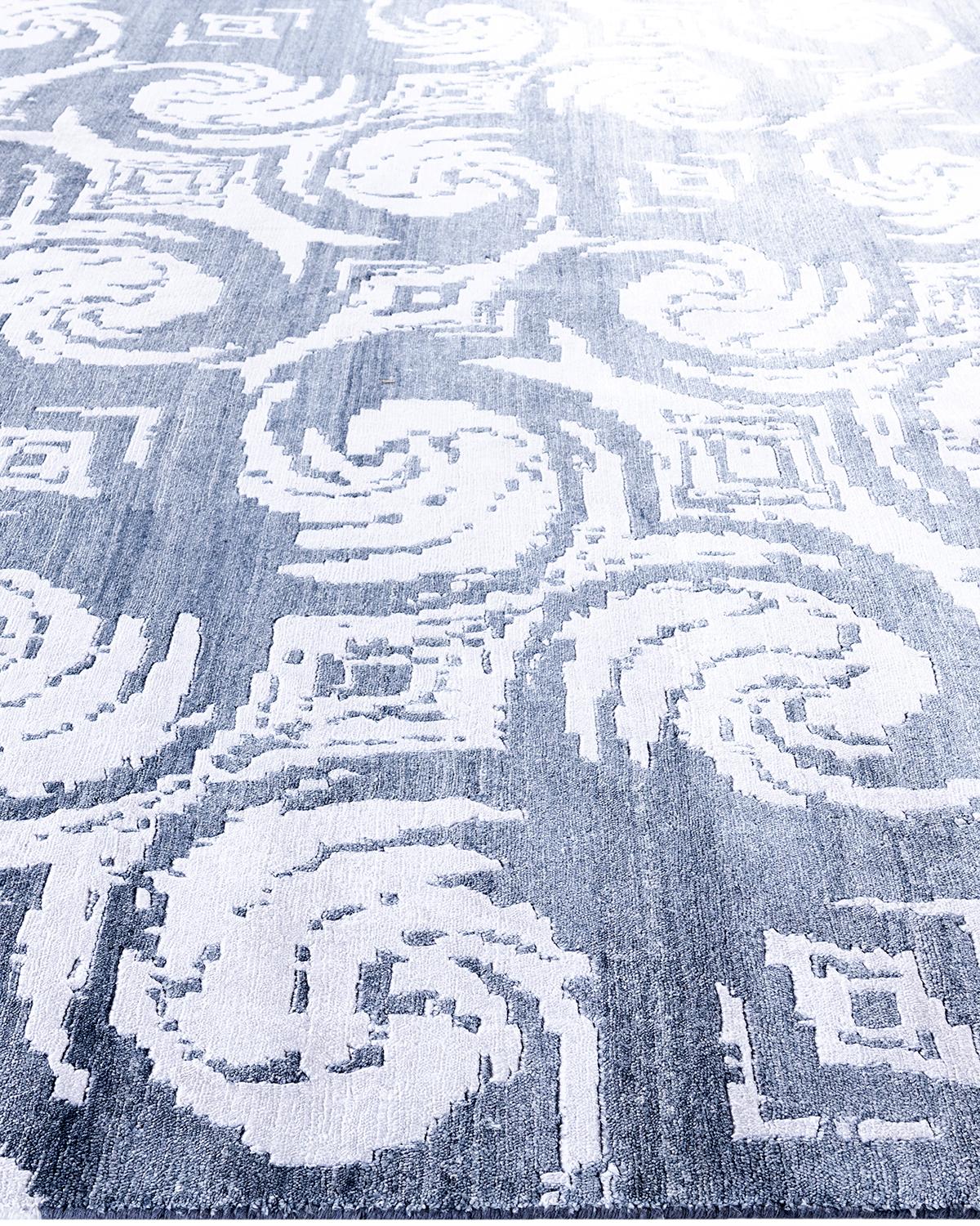 Noué à la main Contemporary Modern Hand Knotted Abstract Silk Ivory Area Rug 9' 1