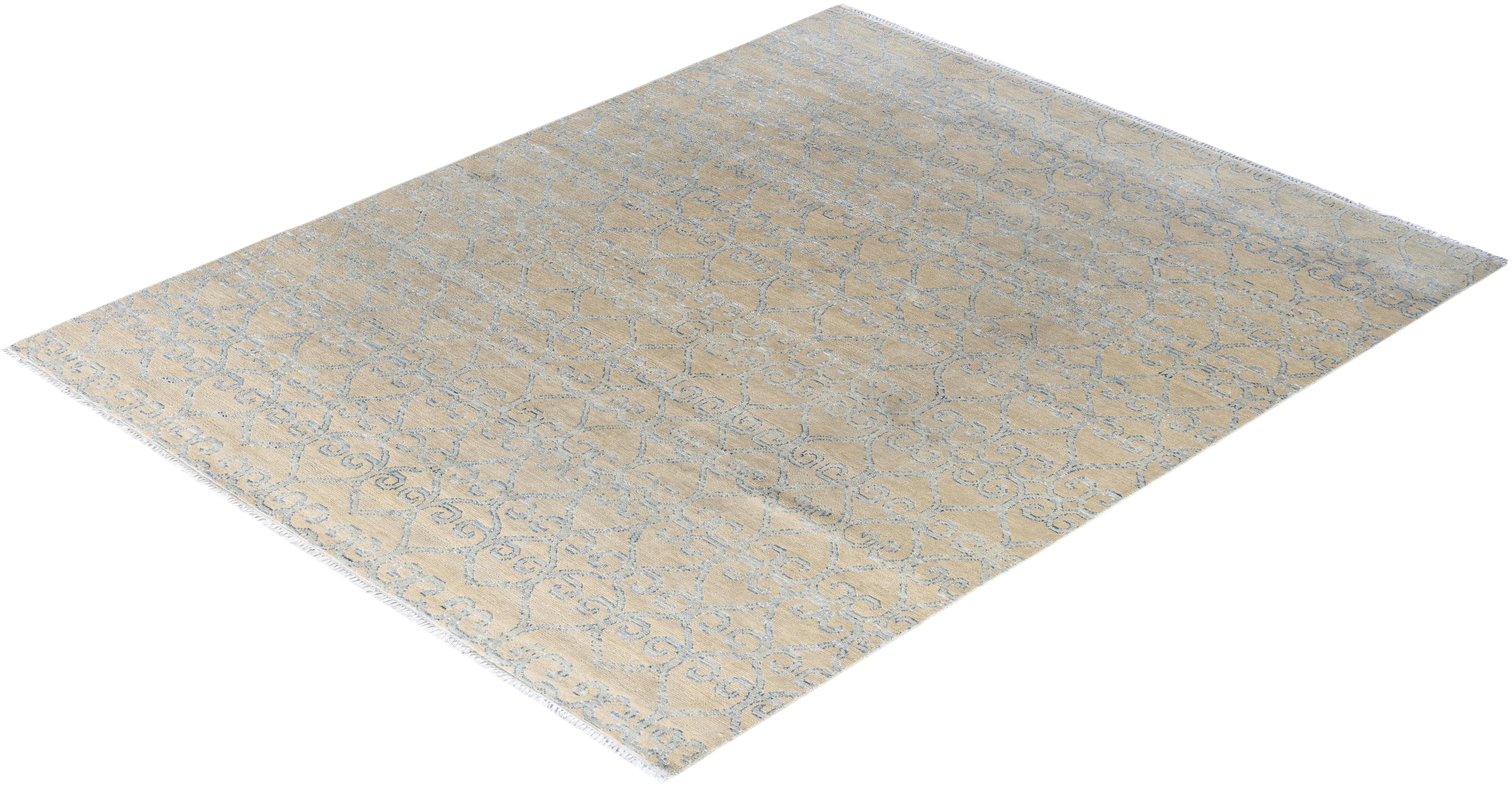 Alfombra Abstracta Contemporánea Moderna Anudada a Mano de Seda y Lana Beige 8'0