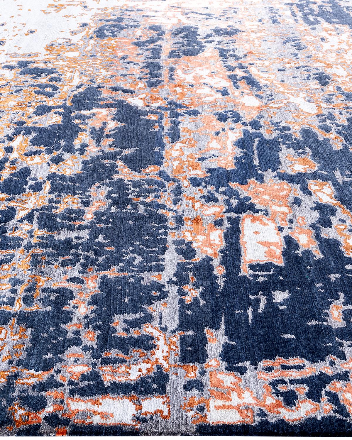 Noué à la main Contemporary Modern Abstract Silk & Wool Hand Knotted Black Area Rug 8'1