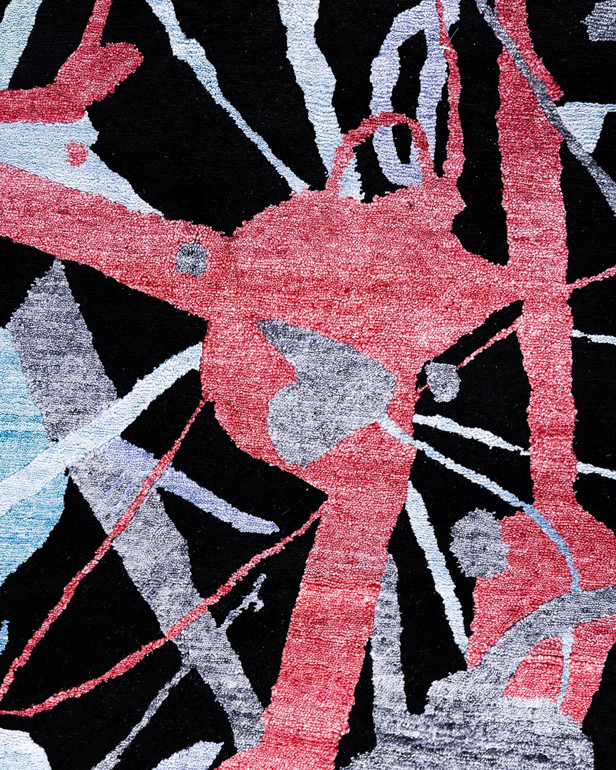 Indian Contemporary Modern Hand Knotted Abstract Silk & Wool Black Area Rug 9'1
