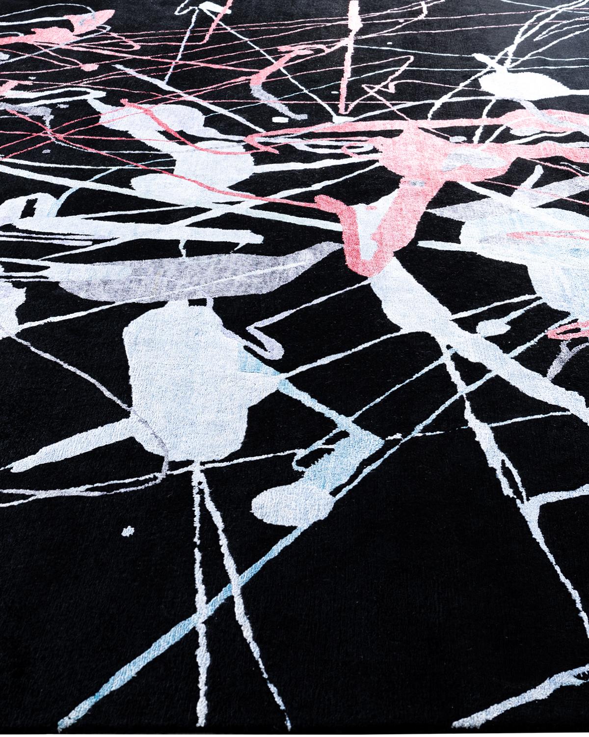 Hand-Knotted Contemporary Modern Hand Knotted Abstract Silk & Wool Black Area Rug 9'1