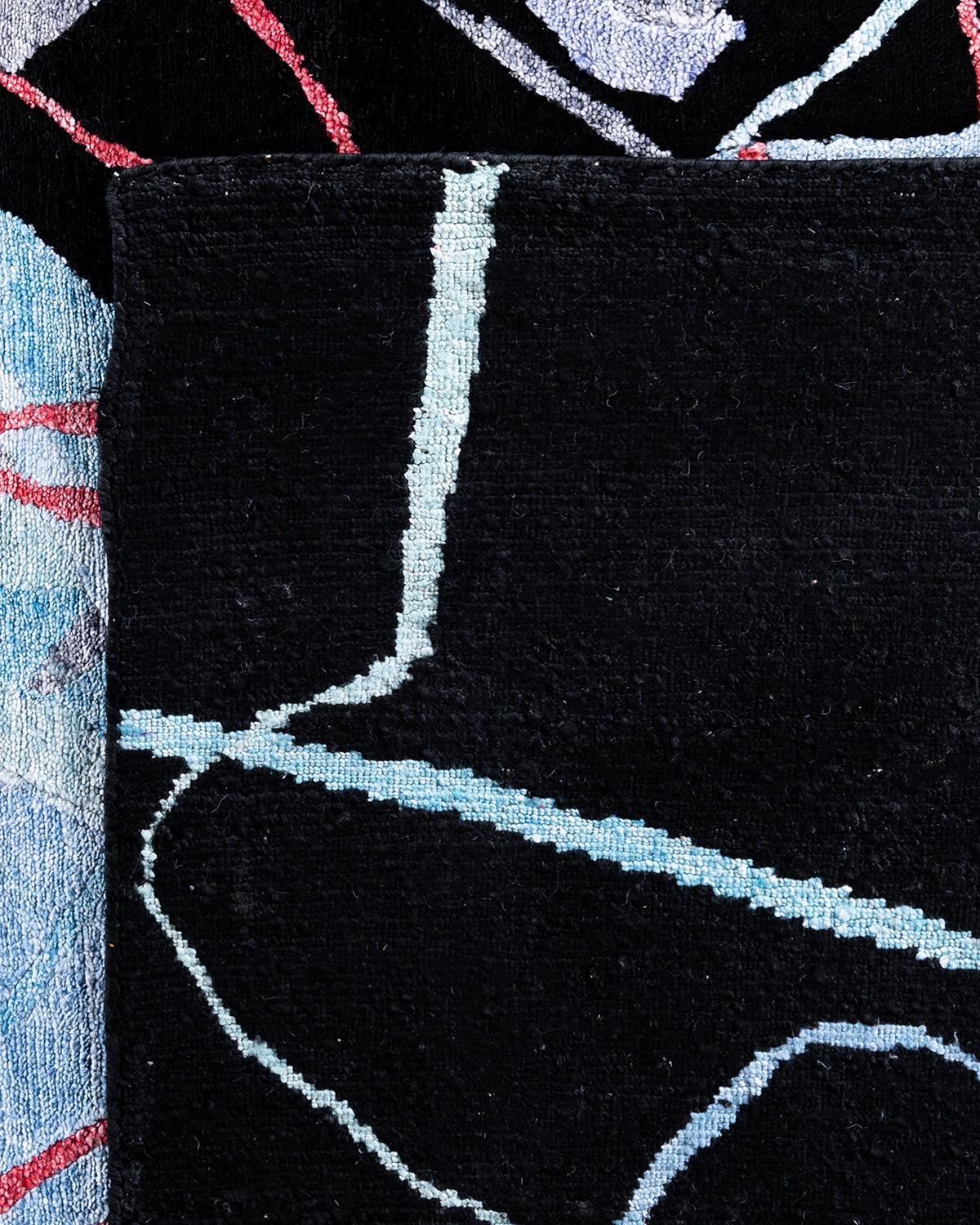 Contemporary Modern Hand Knotted Abstract Silk & Wool Black Area Rug 9'1