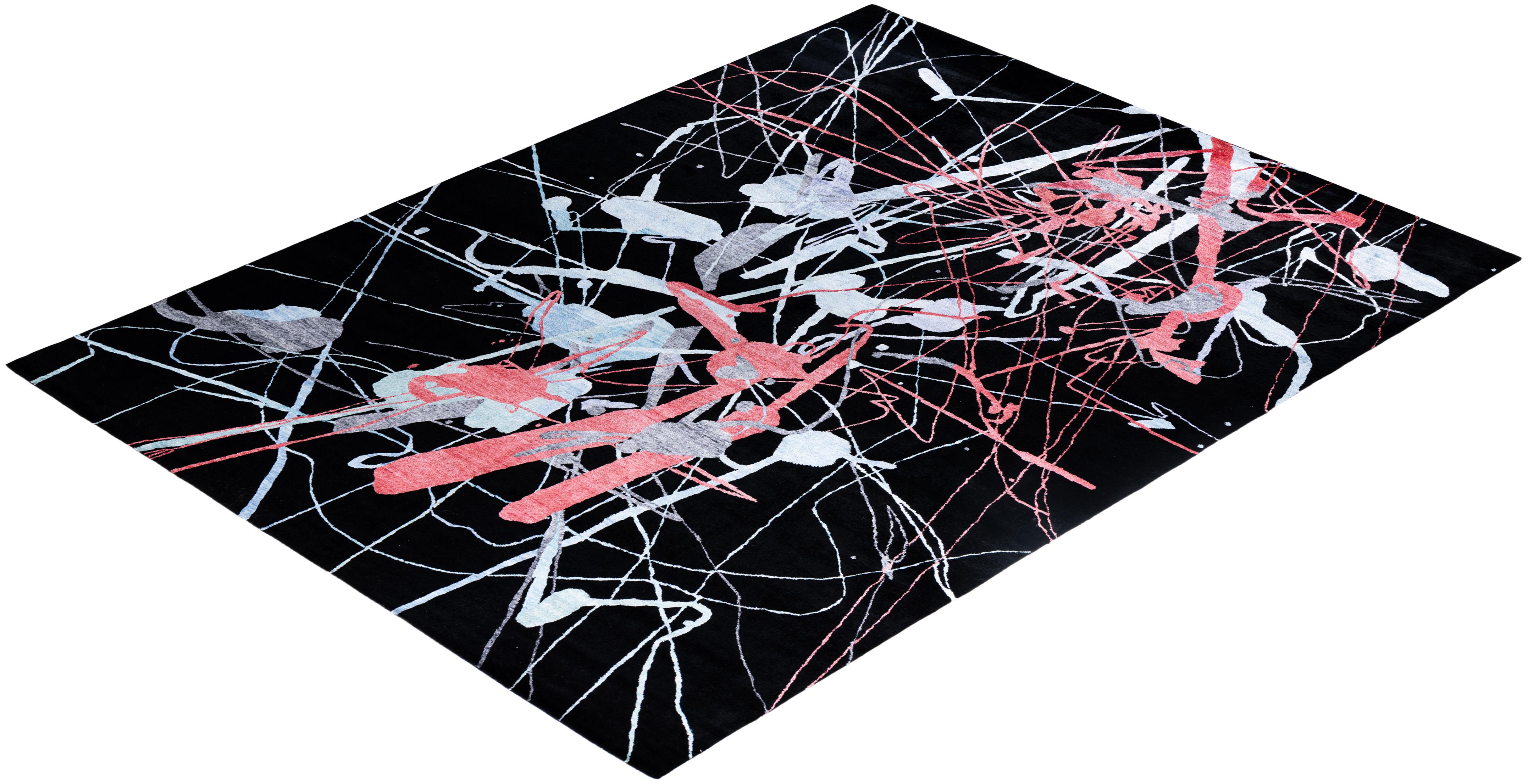 Contemporary Modern Hand Knotted Abstract Silk & Wool Black Area Rug 9'1