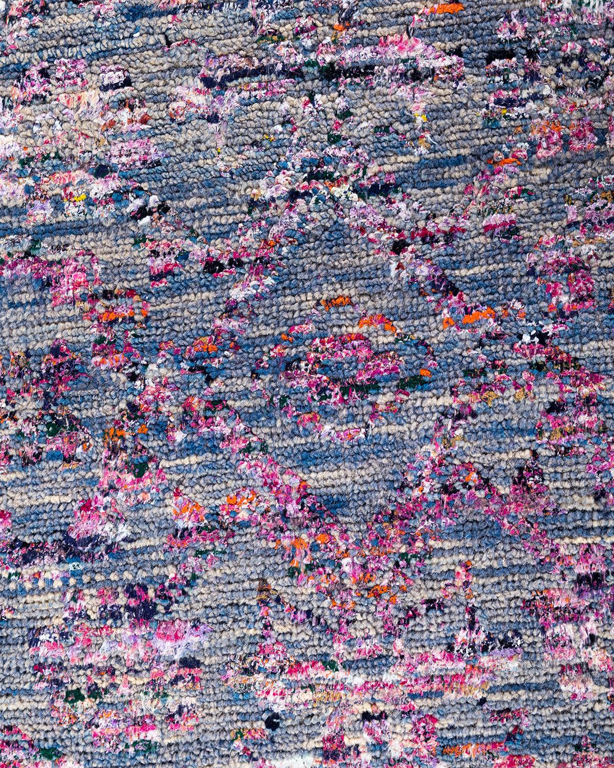 Indian Contemporary Modern Hand Knotted Abstract Silk & Wool Blue Area Rug 7'10