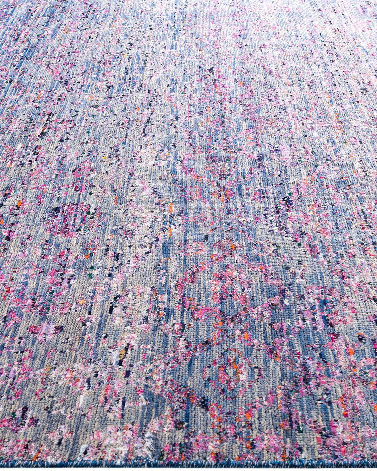 Hand-Knotted Contemporary Modern Hand Knotted Abstract Silk & Wool Blue Area Rug 7'10