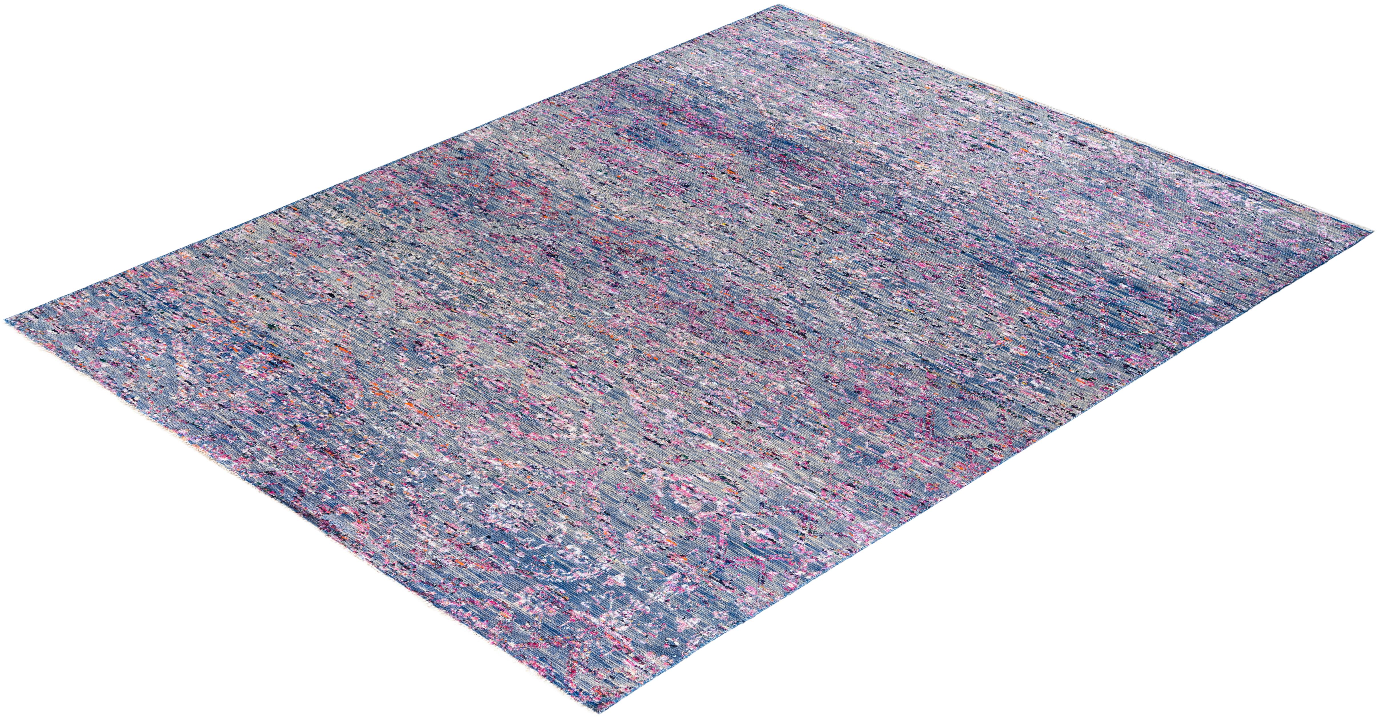 Contemporary Modern Hand Knotted Abstract Silk & Wool Blue Area Rug 7'10