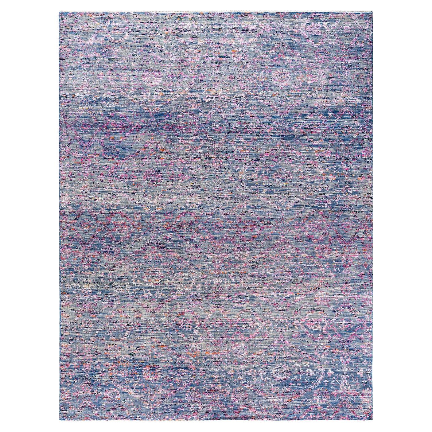 Contemporary Modern Hand Knotted Abstract Silk & Wool Blue Area Rug 7'10" x9'10" For Sale