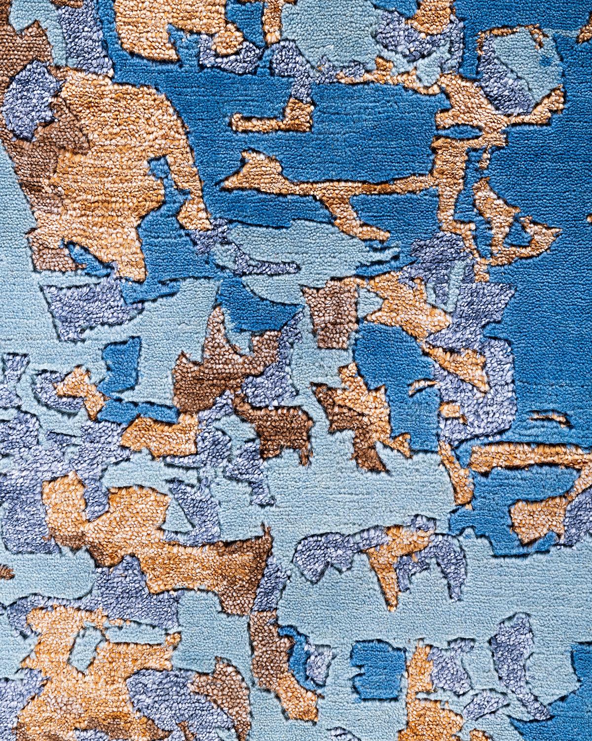 Indian Contemporary Modern Hand Knotted Abstract Silk & Wool Blue Area Rug 8'1