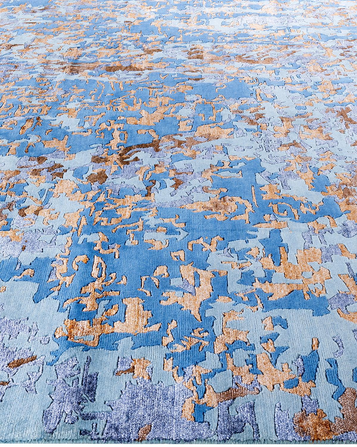 Hand-Knotted Contemporary Modern Hand Knotted Abstract Silk & Wool Blue Area Rug 8'1