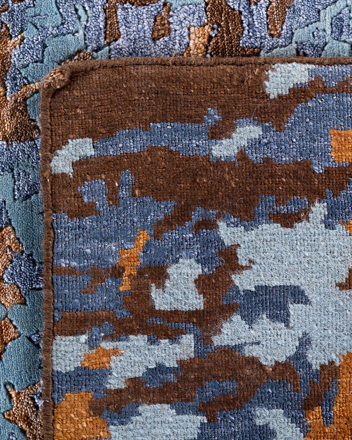 Contemporary Modern Hand Knotted Abstract Silk & Wool Blue Area Rug 8'1