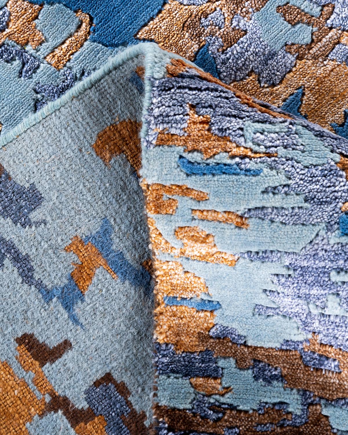 Contemporary Modern Hand Knotted Abstract Silk & Wool Blue Area Rug 8'1