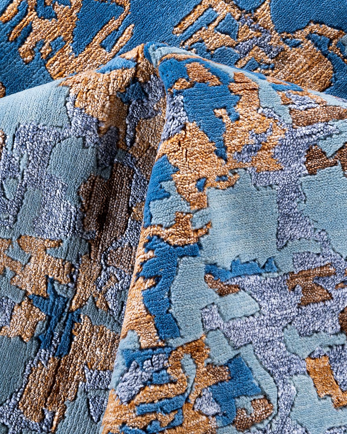 Contemporary Modern Hand Knotted Abstract Silk & Wool Blue Area Rug 8'1