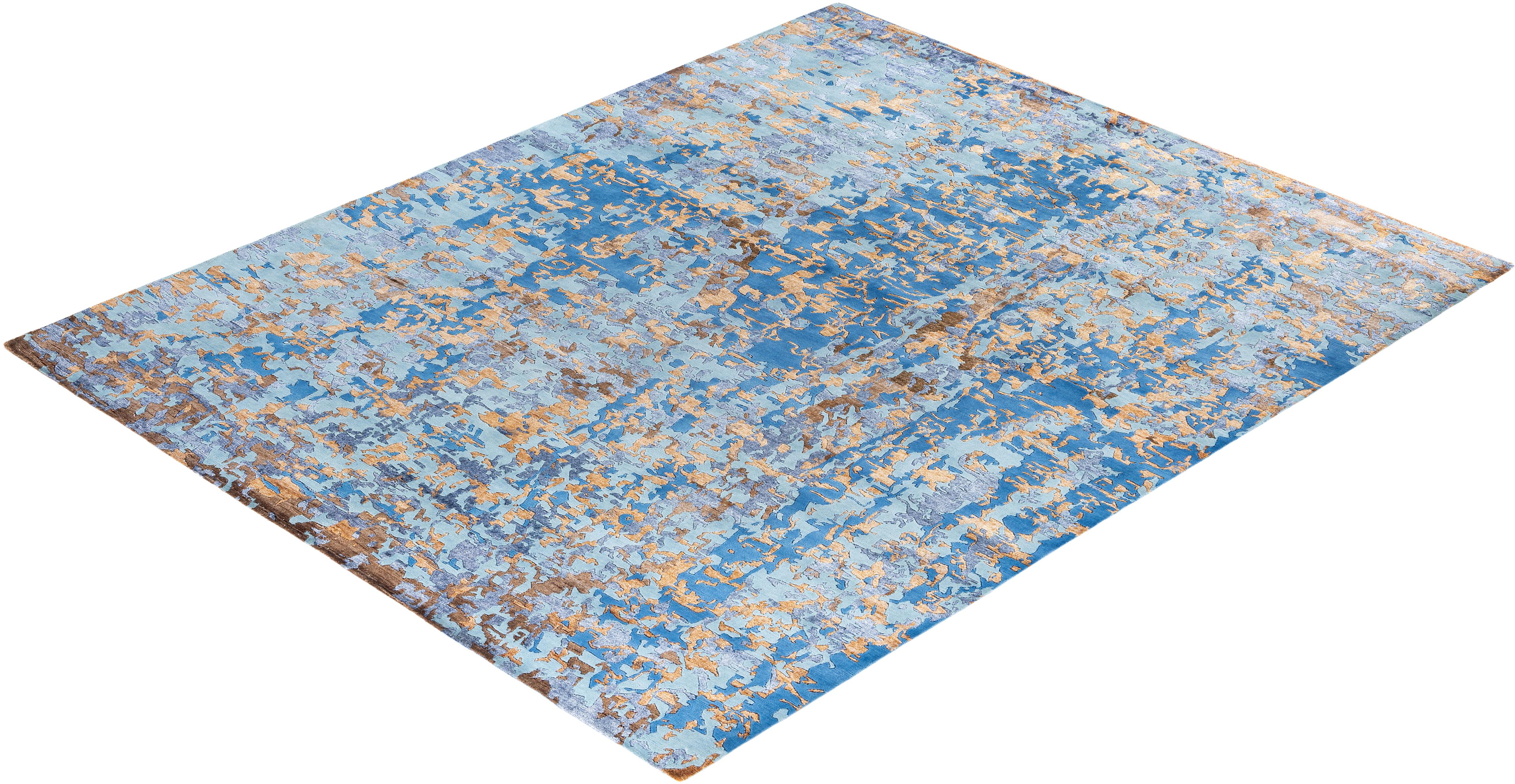Contemporary Modern Hand Knotted Abstract Silk & Wool Blue Area Rug 8'1