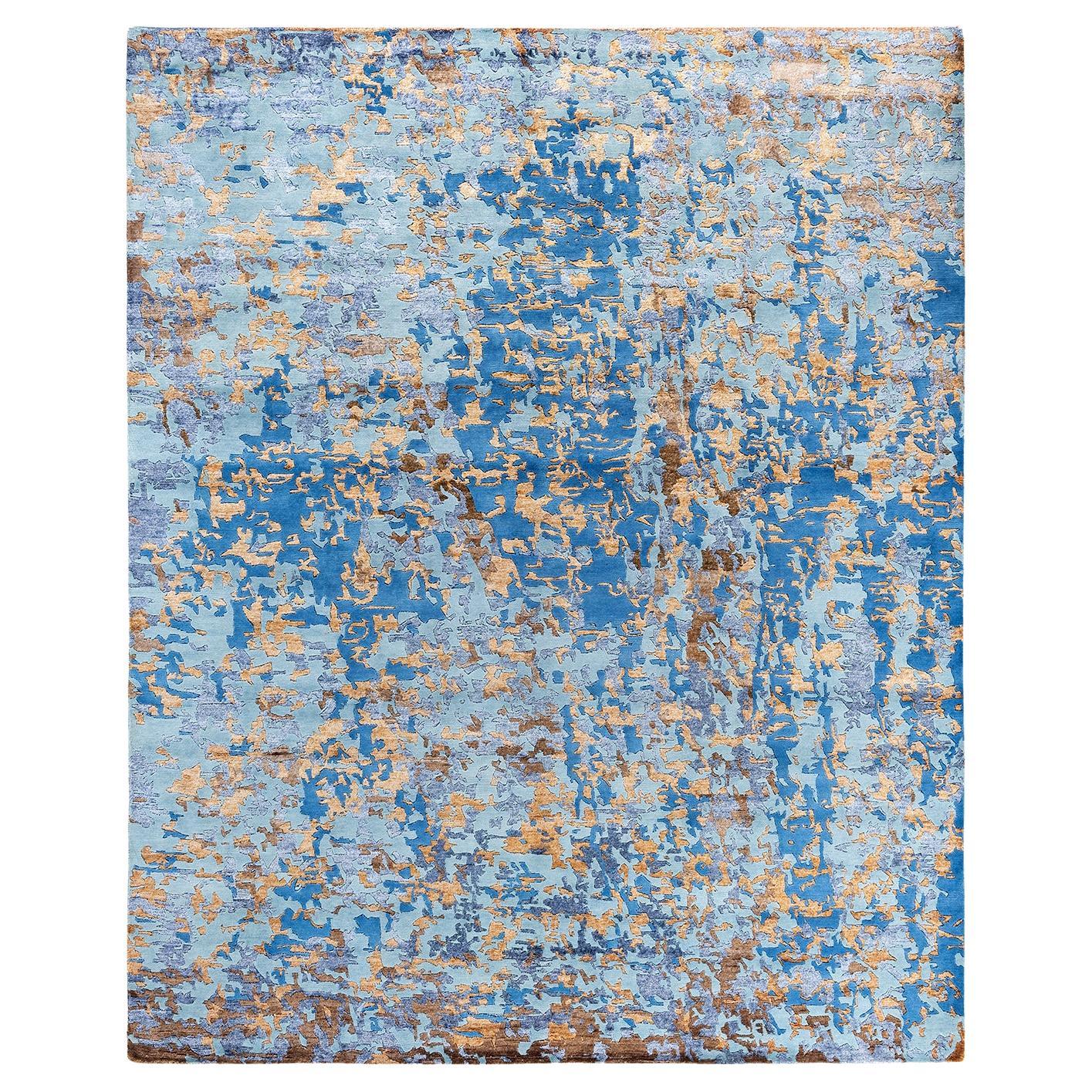 Contemporary Modern Hand Knotted Abstract Silk & Wool Blue Area Rug 8'1" x 10'0" For Sale