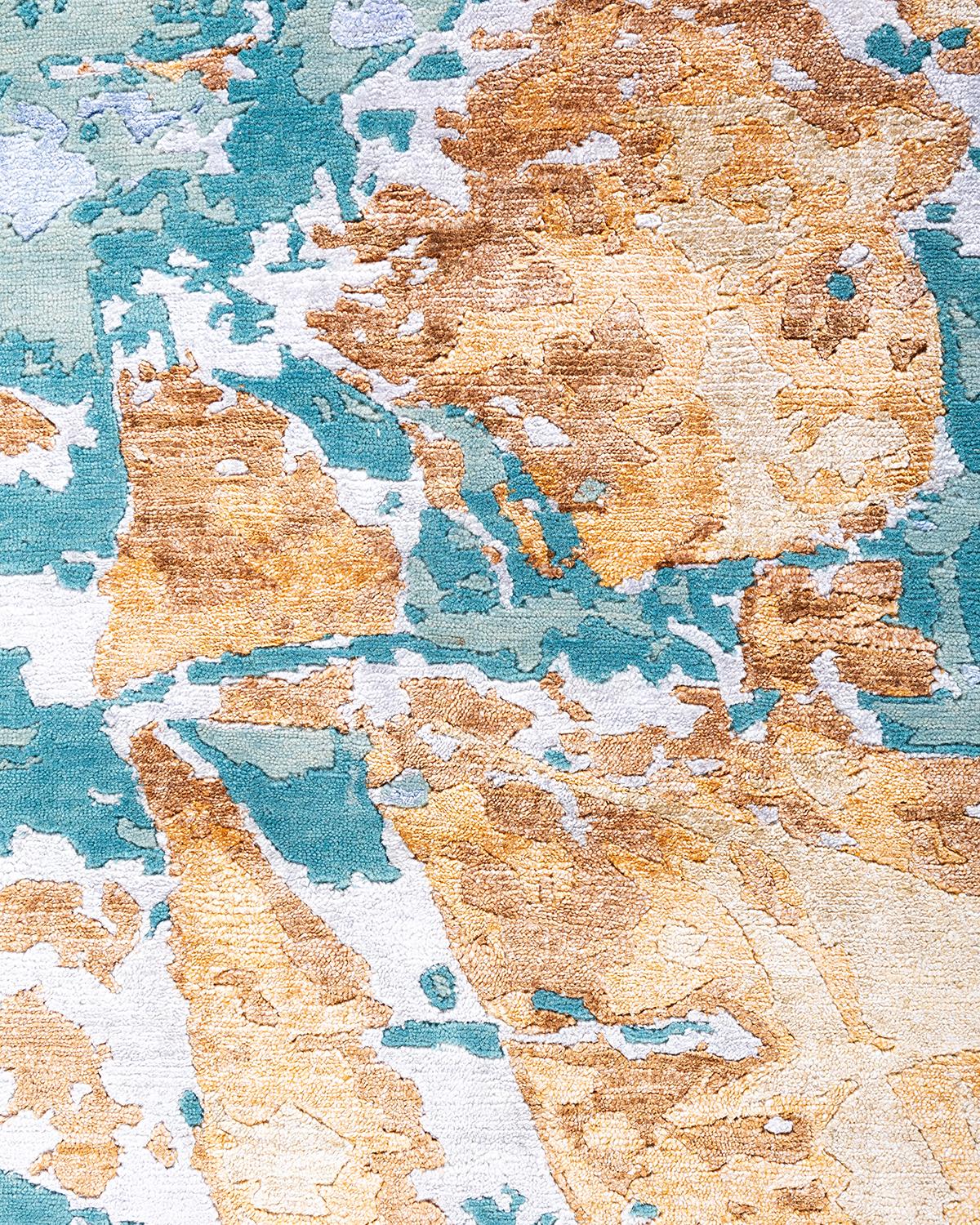 Contemporary Modern Hand Knotted Abstract Silk & Wool Blue Area Rug 8'2
