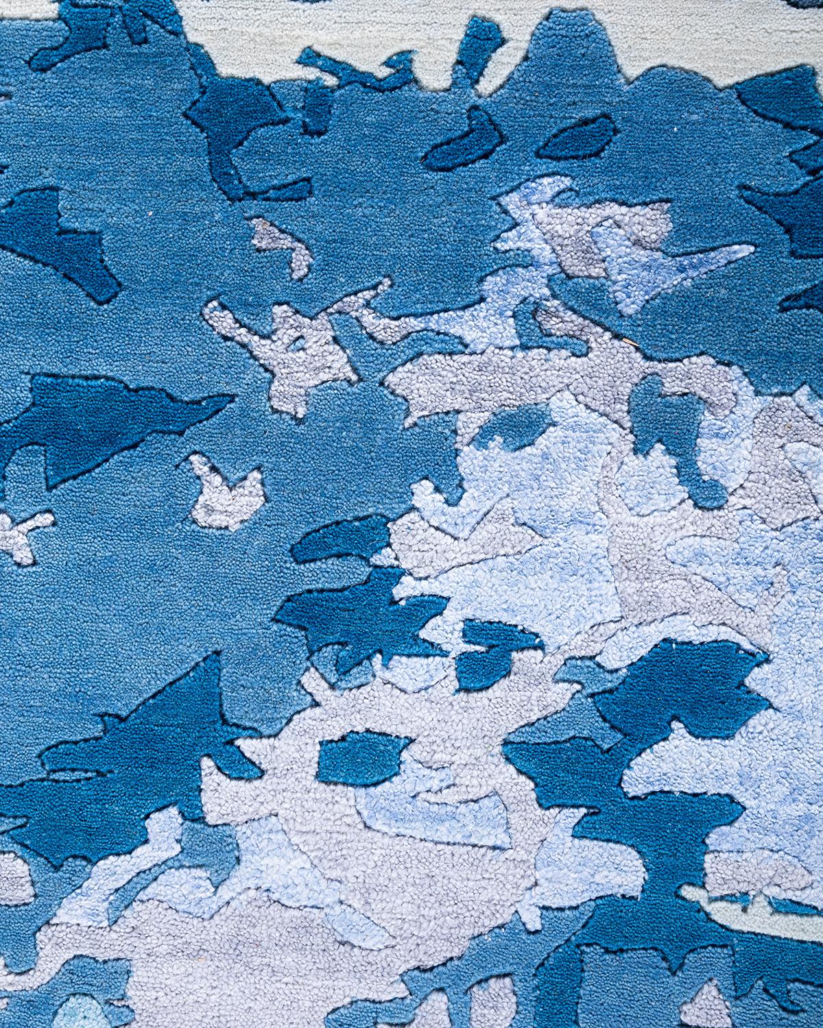 Indian Contemporary Modern Hand Knotted Abstract Silk & Wool Blue Area Rug 8'2