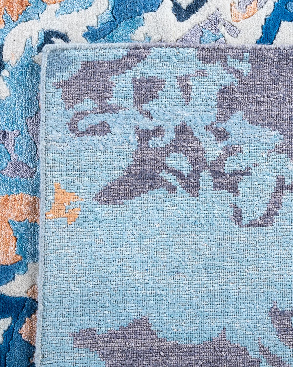 Contemporary Modern Hand Knotted Abstract Silk & Wool Blue Area Rug 8'2
