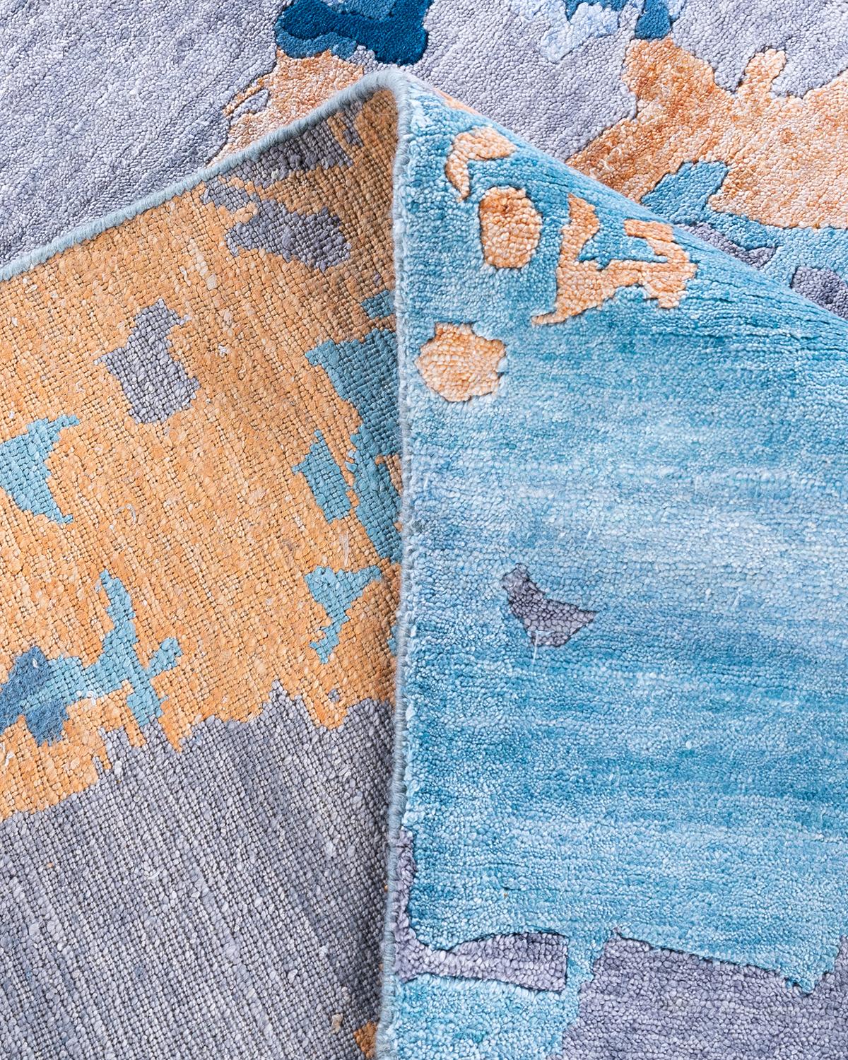 Contemporary Modern Hand Knotted Abstract Silk & Wool Blue Area Rug 8'2