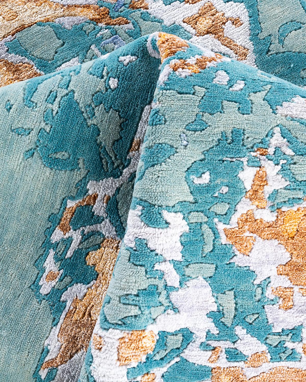 Contemporary Modern Hand Knotted Abstract Silk & Wool Blue Area Rug 8'2