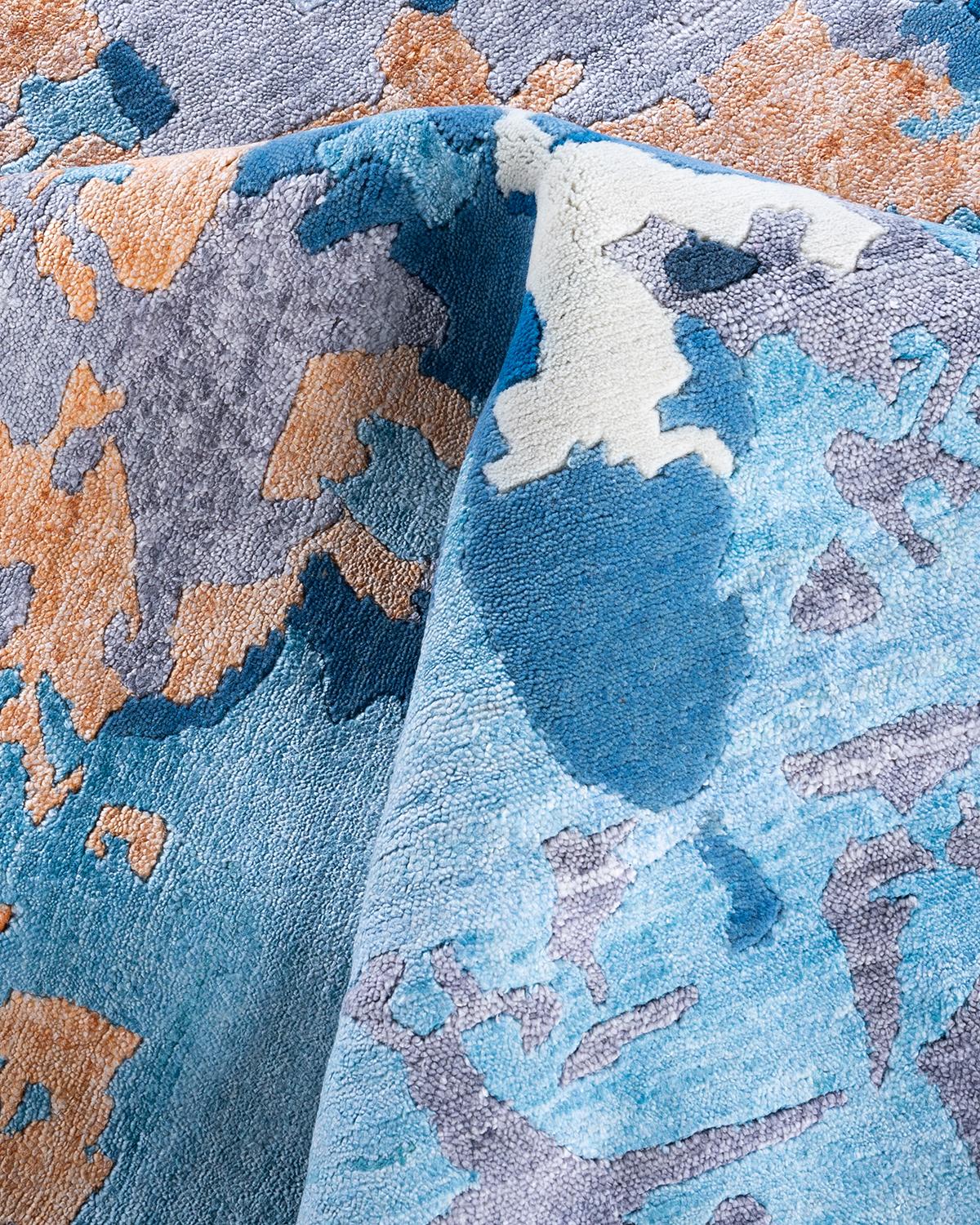 Contemporary Modern Hand Knotted Abstract Silk & Wool Blue Area Rug 8'2