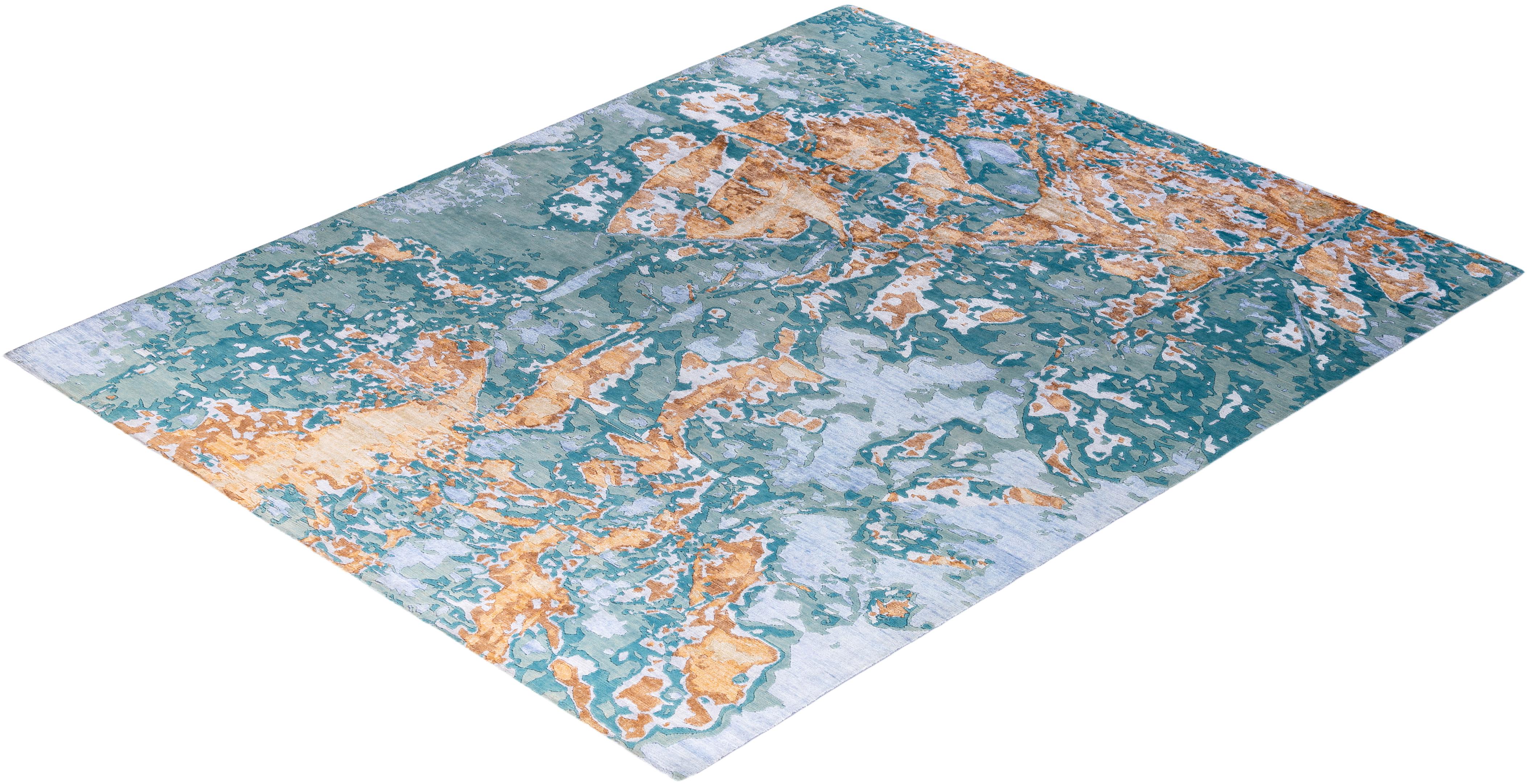 Contemporary Modern Hand Knotted Abstract Silk & Wool Blue Area Rug 8'2