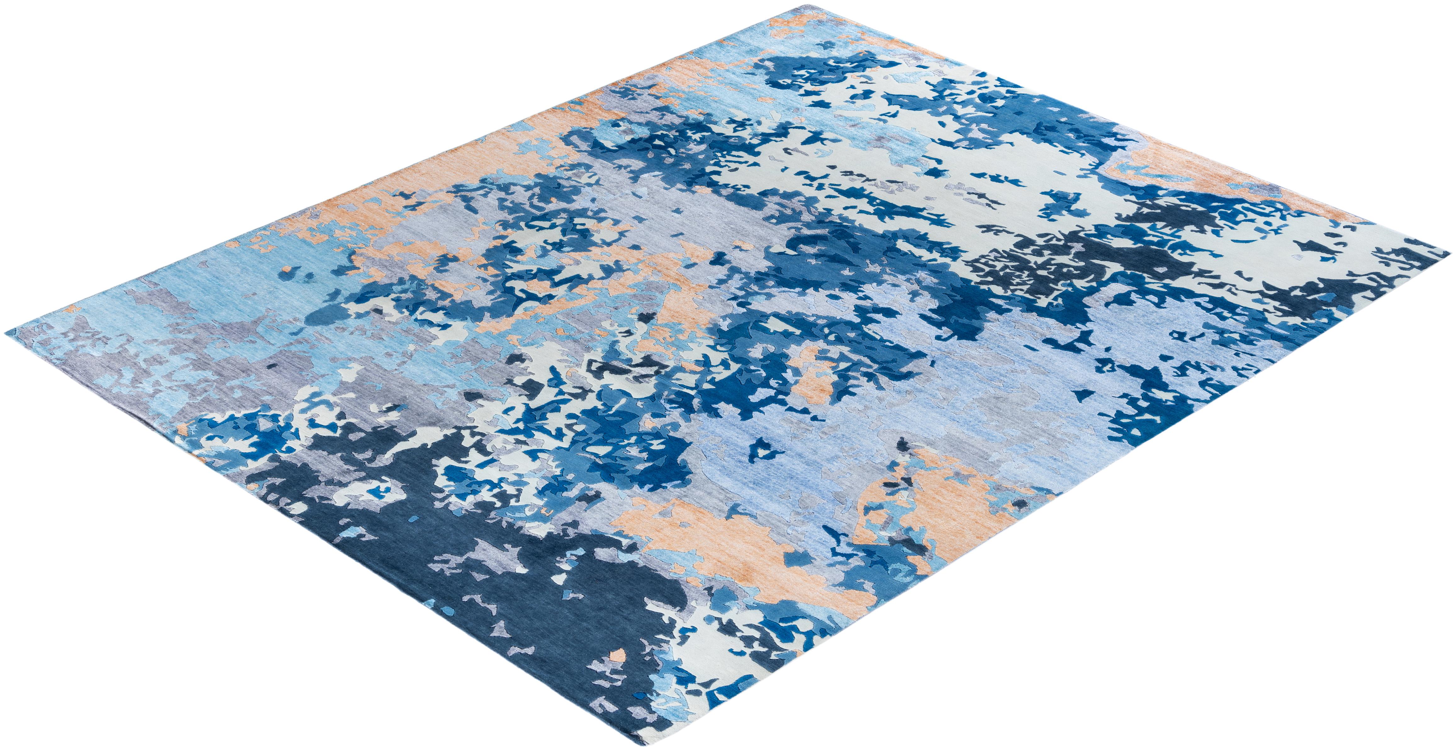 Contemporary Modern Hand Knotted Abstract Silk & Wool Blue Area Rug 8'2