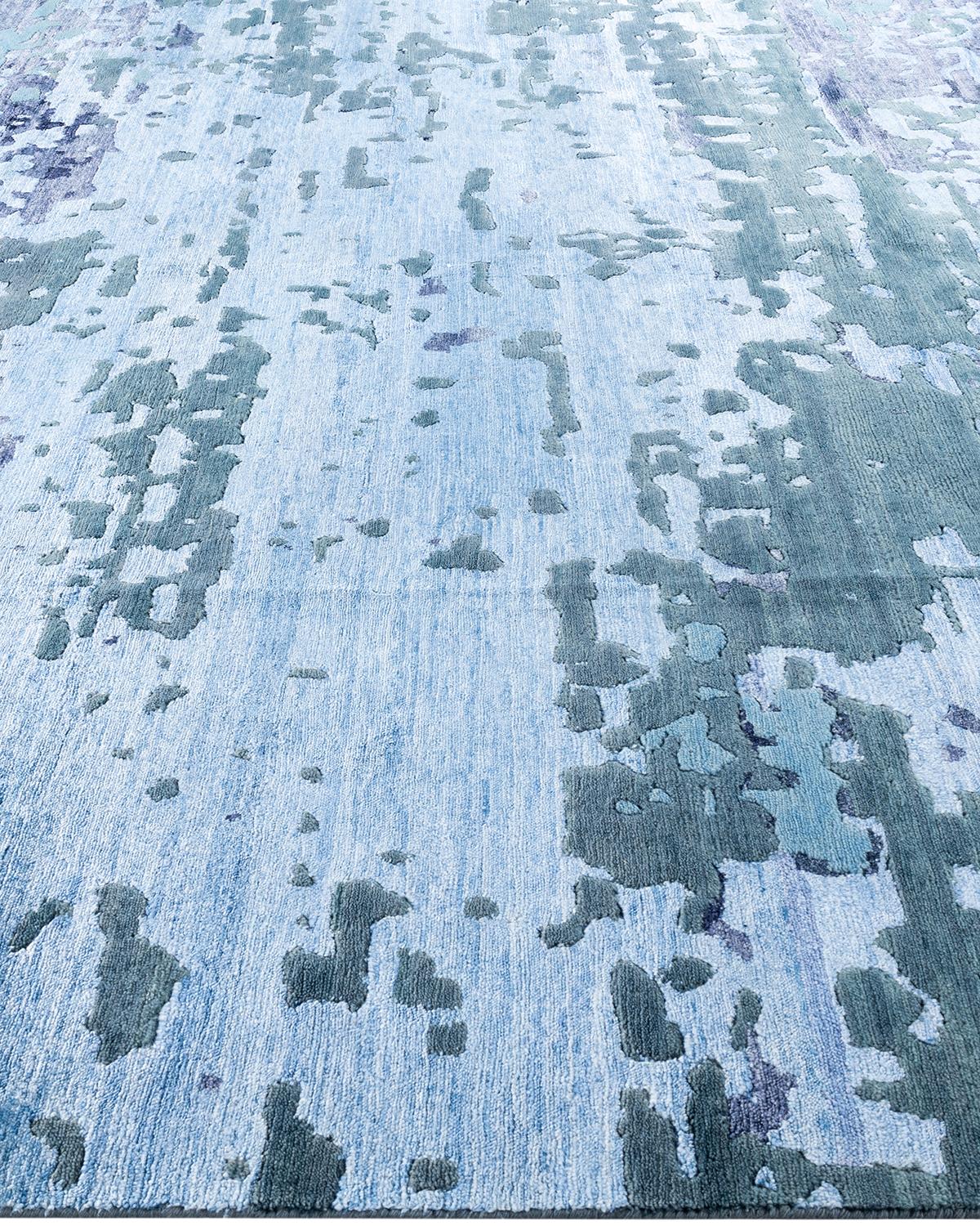 Hand-Knotted Contemporary Modern Hand Knotted Abstract Silk & Wool Blue Area Rug 9'1