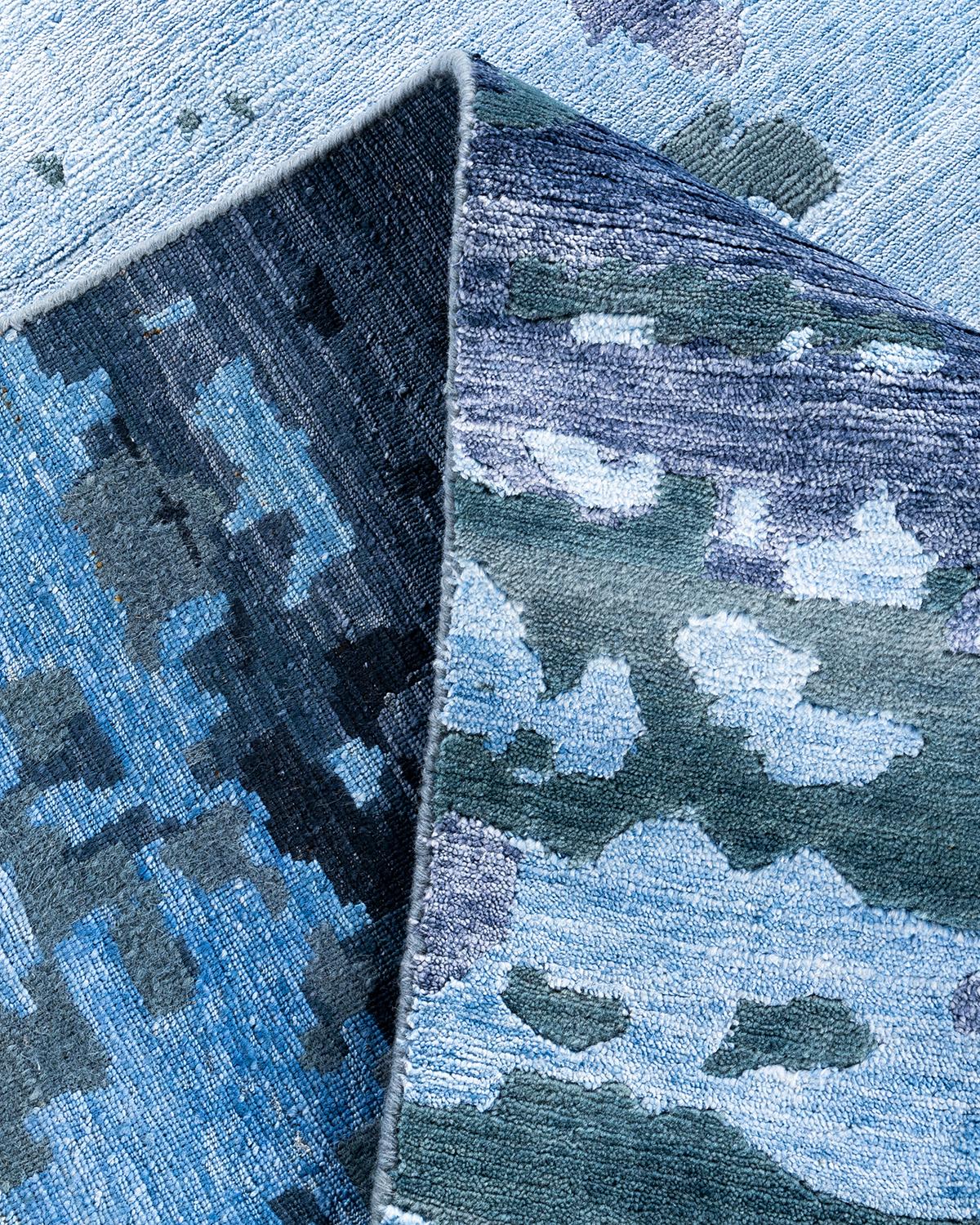 Contemporary Modern Hand Knotted Abstract Silk & Wool Blue Area Rug 9'1