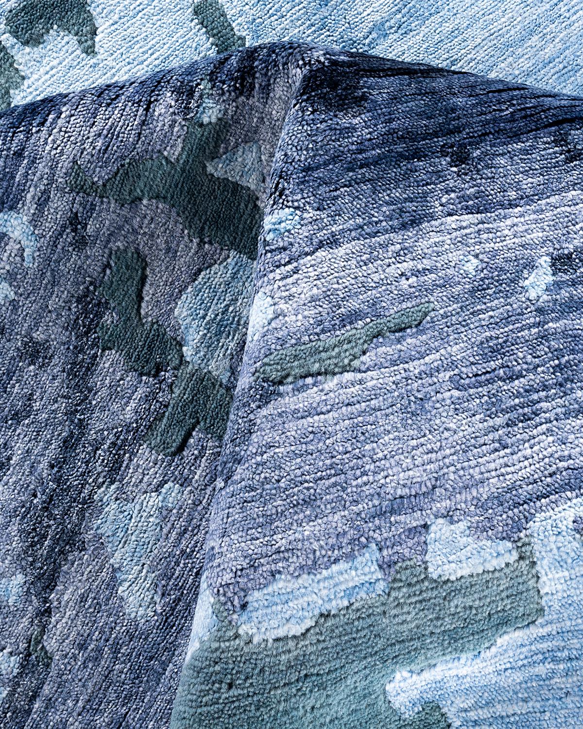 Contemporary Modern Hand Knotted Abstract Silk & Wool Blue Area Rug 9'1
