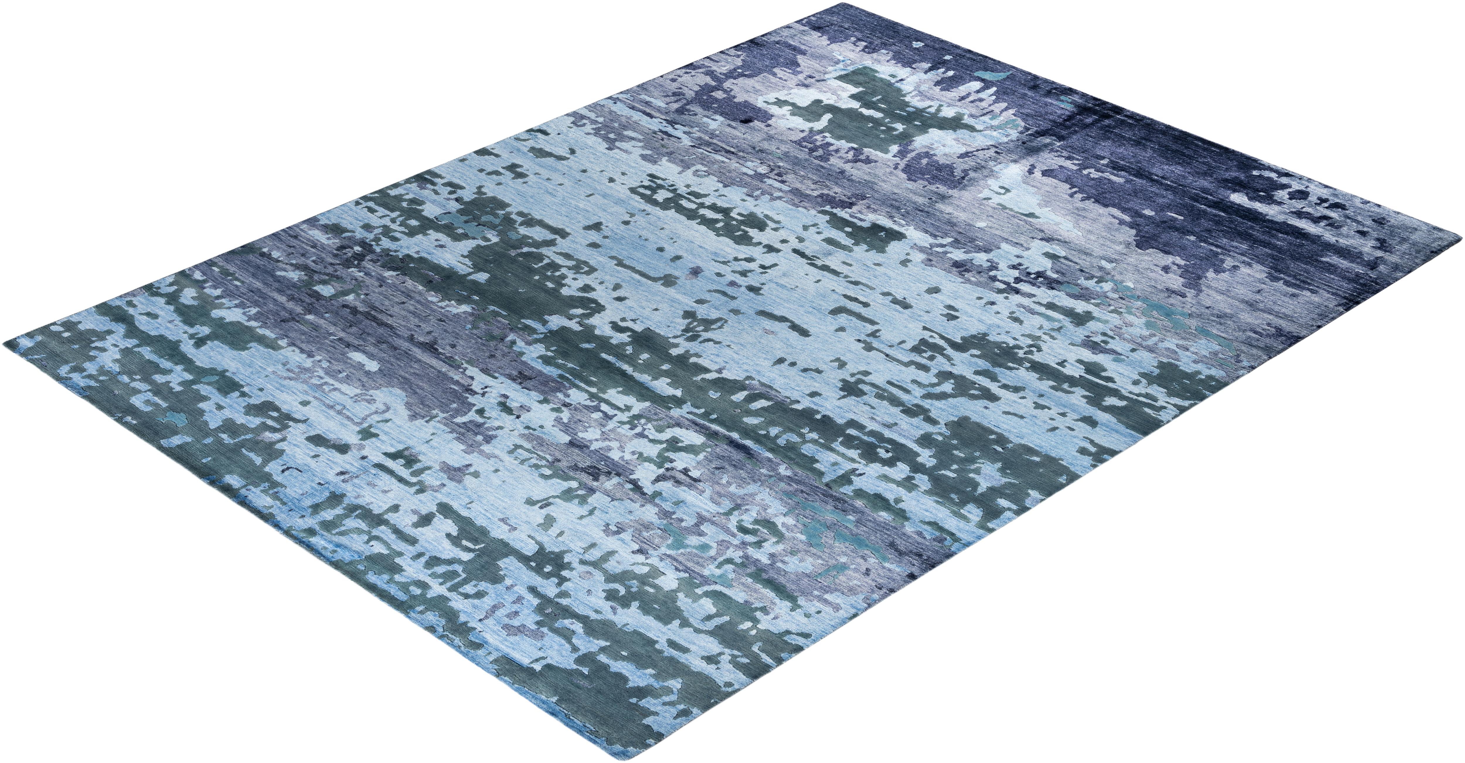 Contemporary Modern Hand Knotted Abstract Silk & Wool Blue Area Rug 9'1