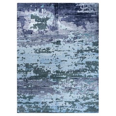 Contemporary Modern Hand Knotted Abstract Silk & Wool Blue Area Rug 9'1" x 12'2"