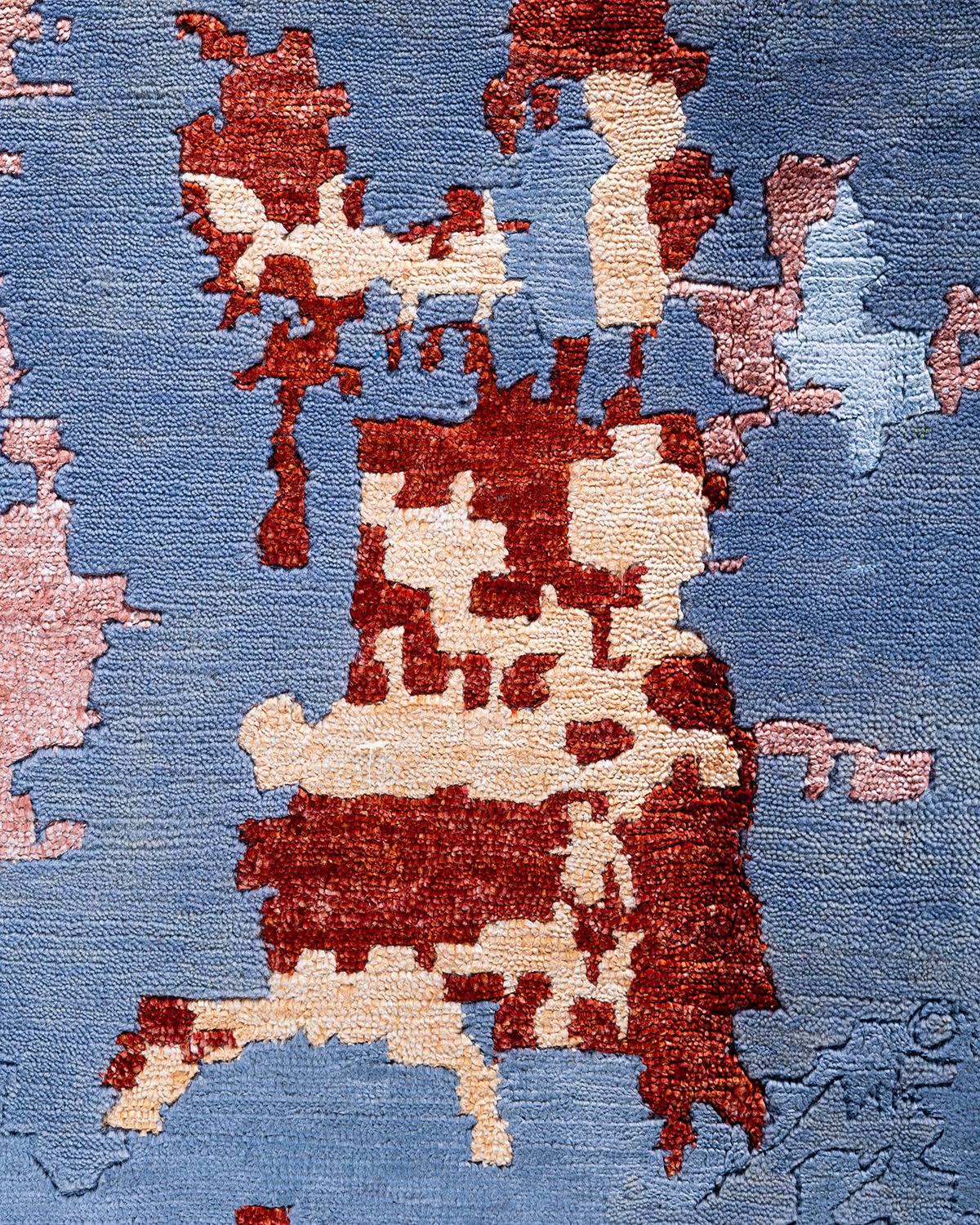 Indian Contemporary Modern Hand Knotted Abstract Silk & Wool Blue Area Rug 9'2
