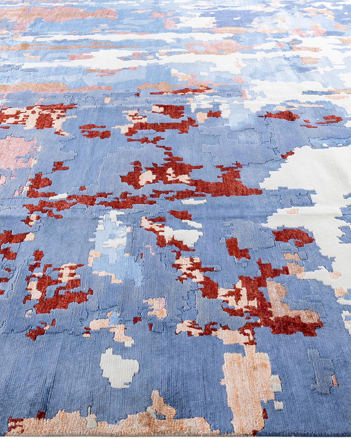 Hand-Knotted Contemporary Modern Hand Knotted Abstract Silk & Wool Blue Area Rug 9'2