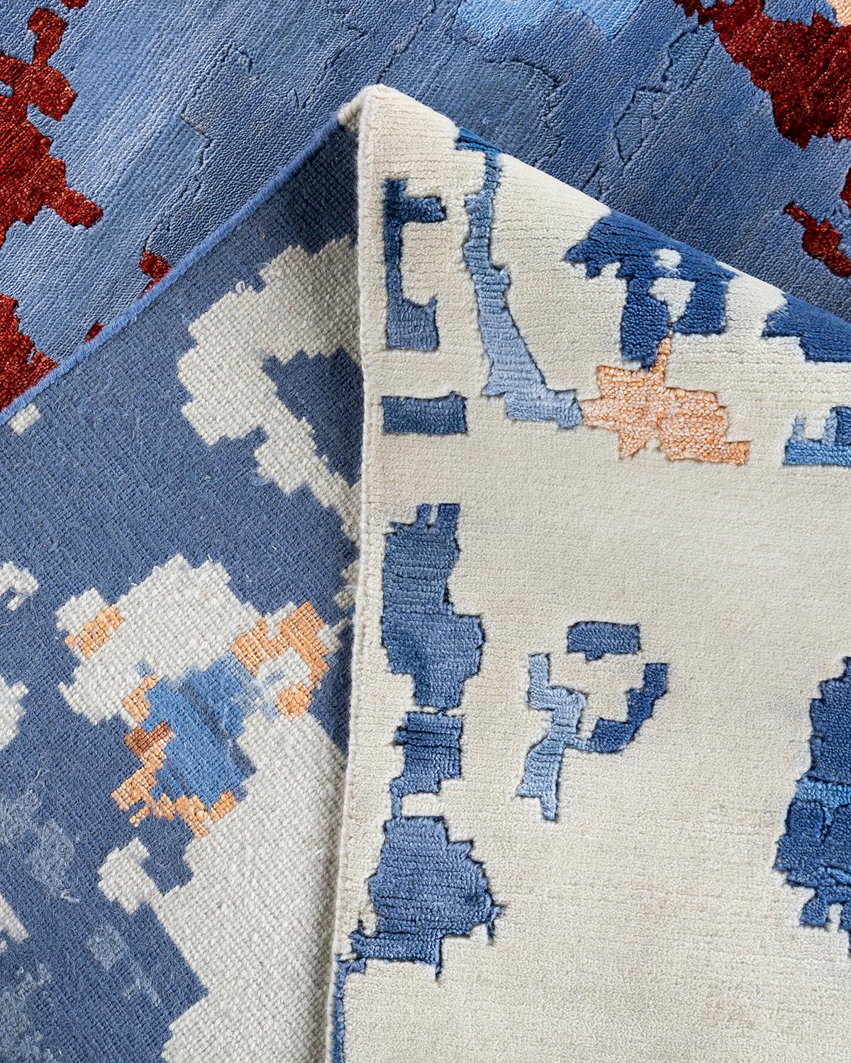 Contemporary Modern Hand Knotted Abstract Silk & Wool Blue Area Rug 9'2