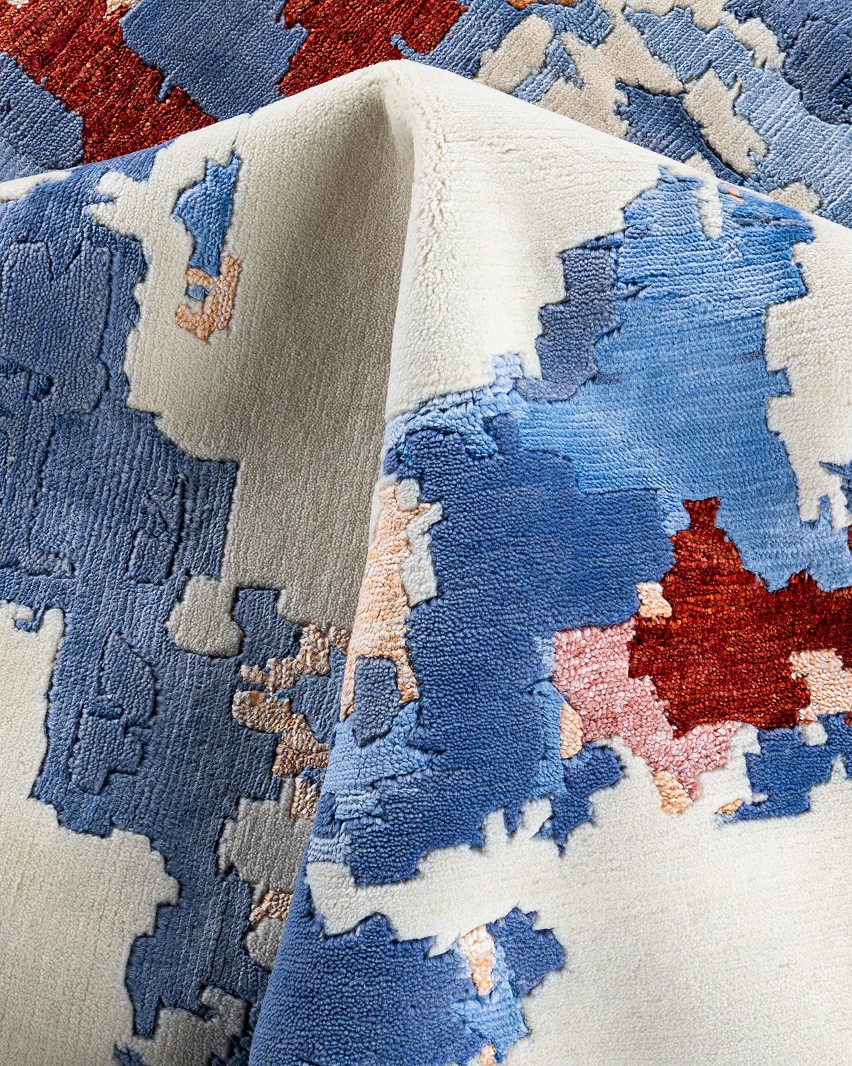 Contemporary Modern Hand Knotted Abstract Silk & Wool Blue Area Rug 9'2