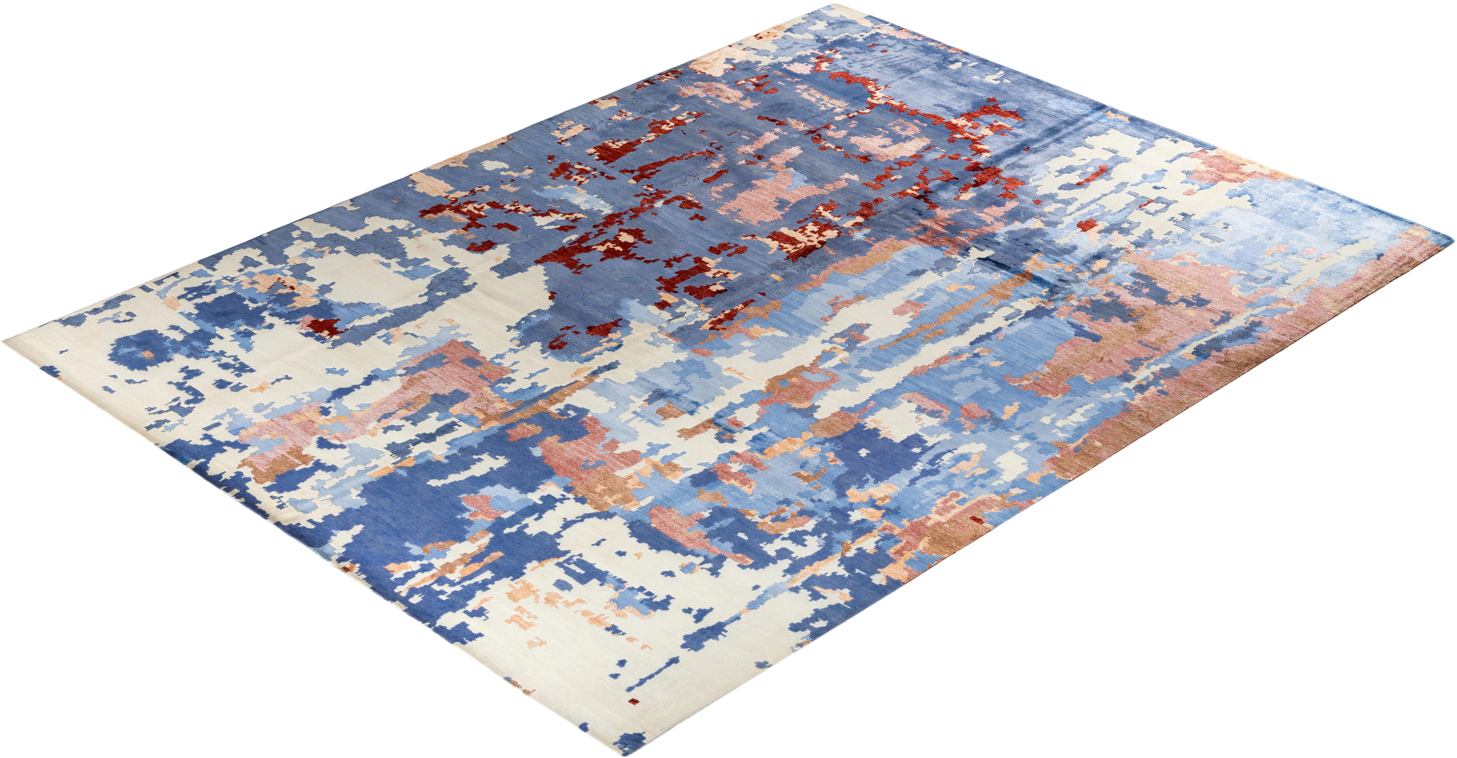 Contemporary Modern Hand Knotted Abstract Silk & Wool Blue Area Rug 9'2