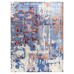 Contemporary Modern Hand Knotted Abstract Silk & Wool Blue Area Rug 9'2" x12'2"
