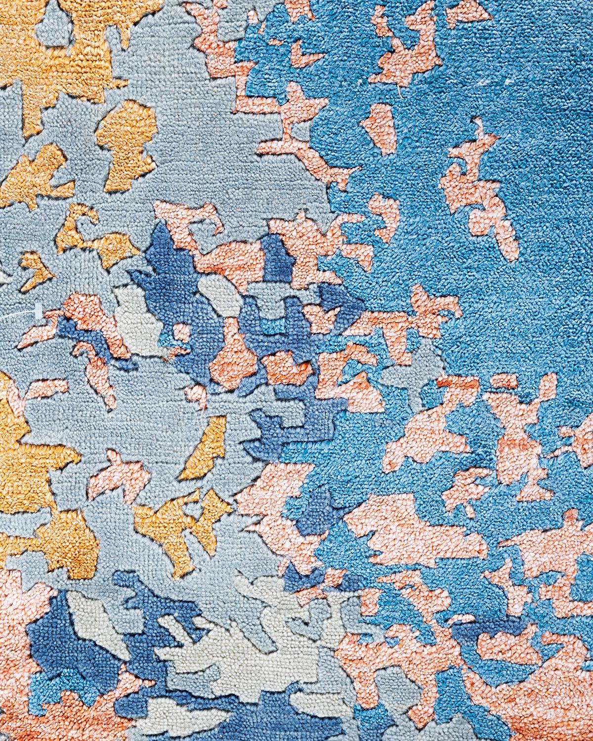 Indian Contemporary Modern Hand Knotted Abstract Silk & Wool Gold Area Rug 9'1