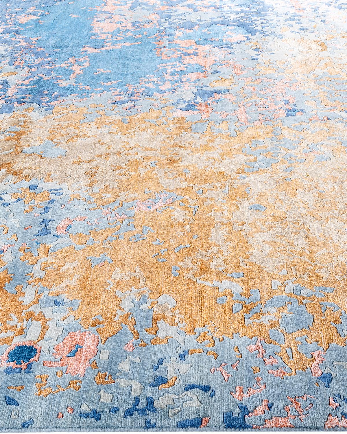 Hand-Knotted Contemporary Modern Hand Knotted Abstract Silk & Wool Gold Area Rug 9'1