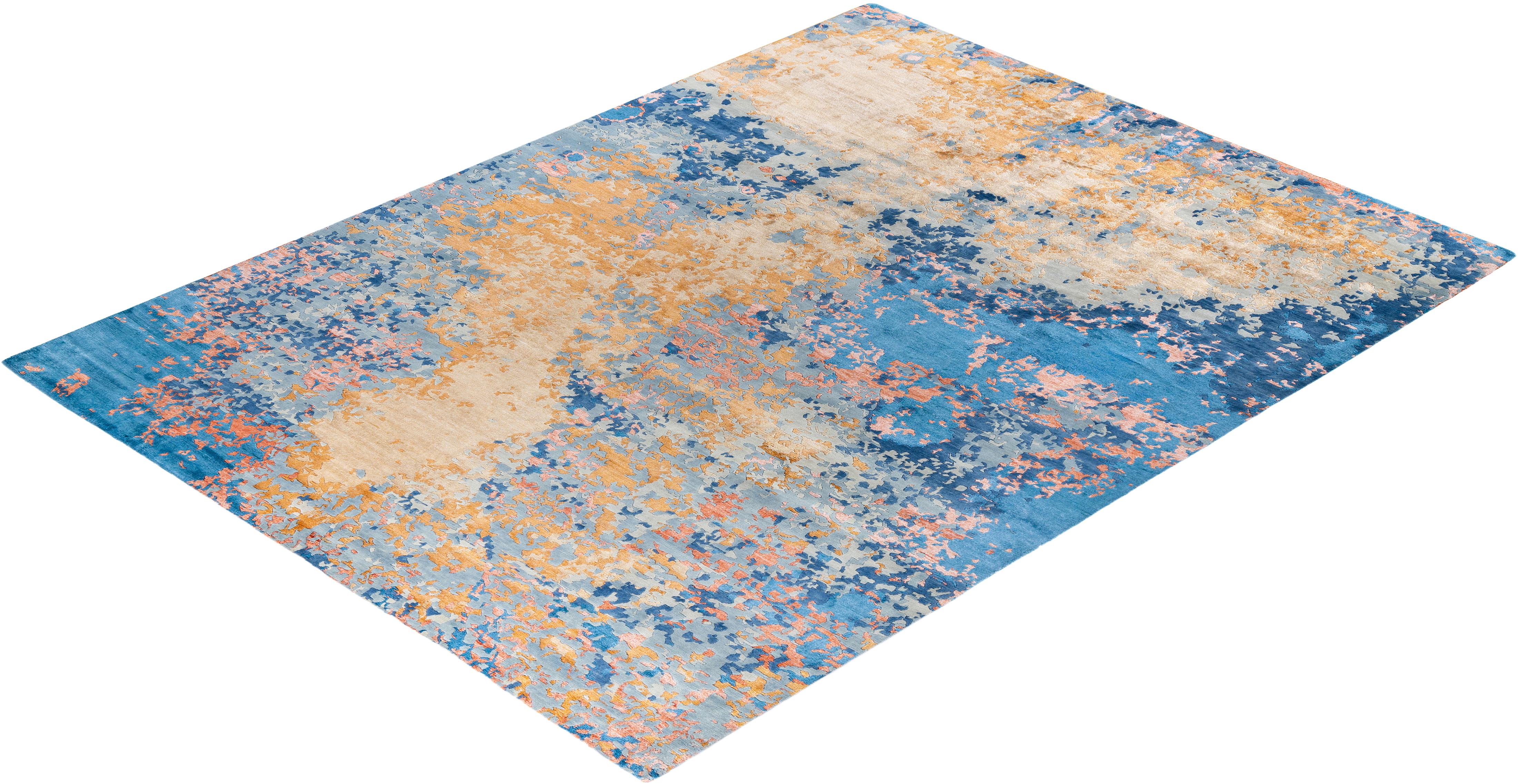 Contemporary Modern Hand Knotted Abstract Silk & Wool Gold Area Rug 9'1