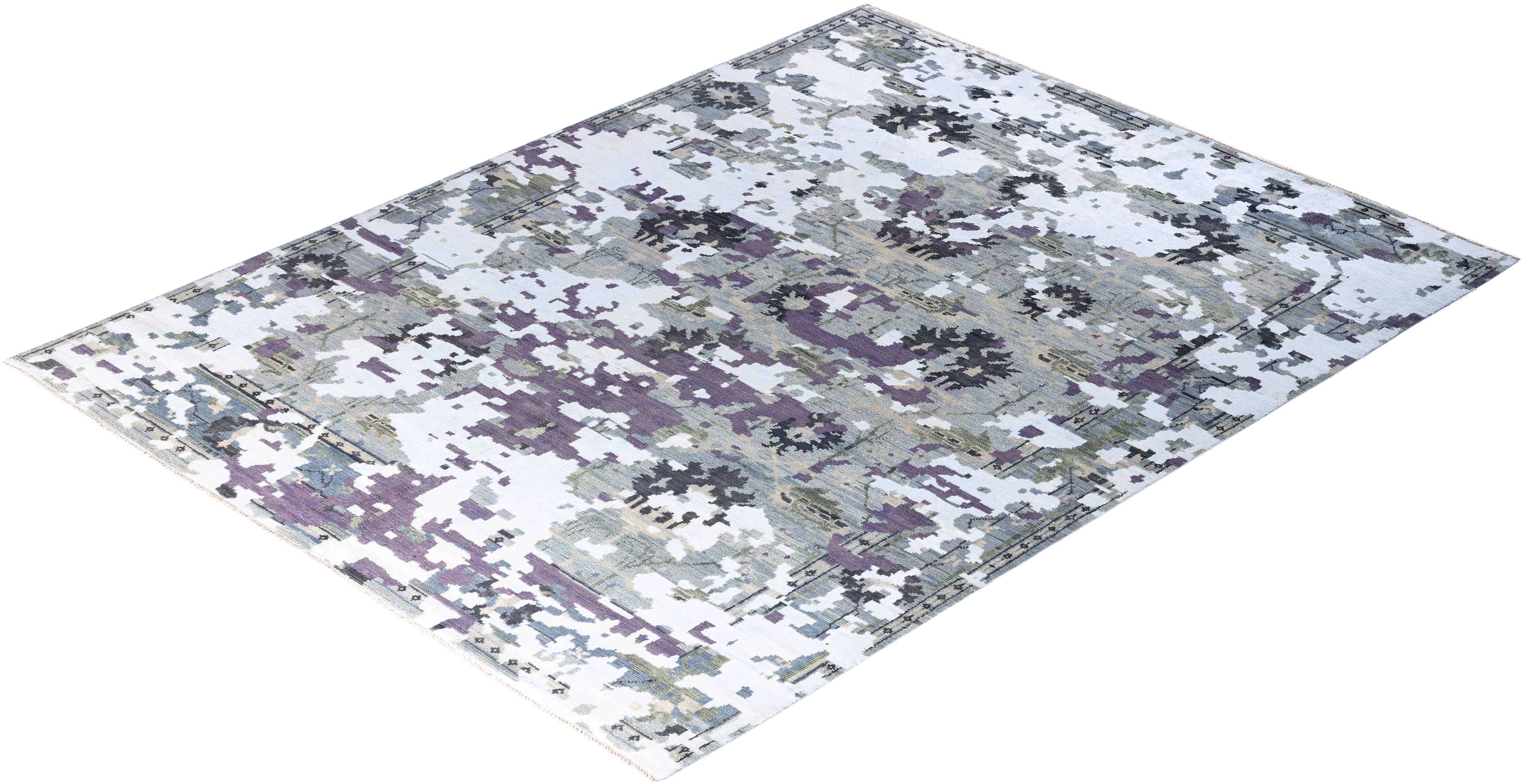 Tapis de sol contemporain moderne noué à la main en soie et laine grise 7'10