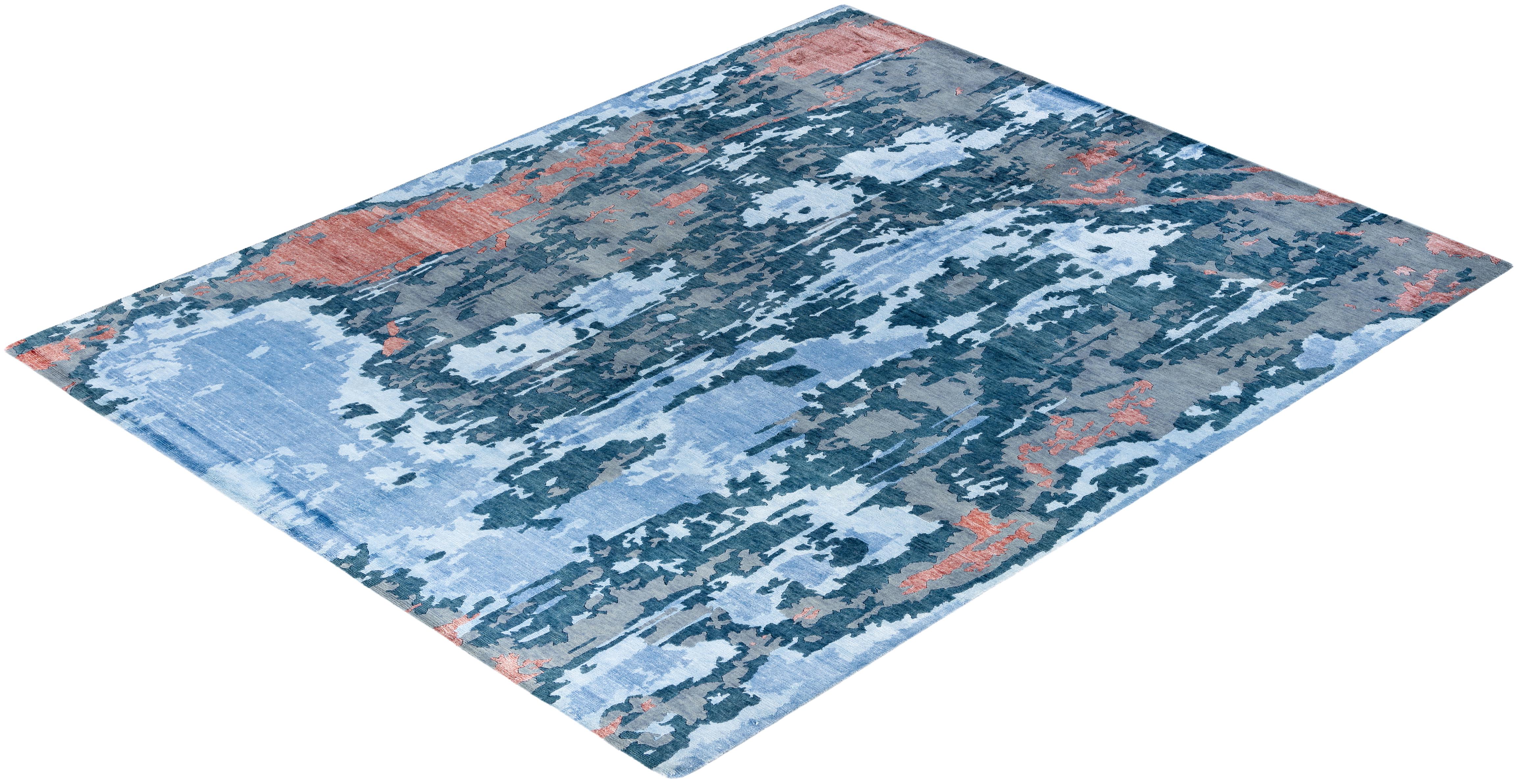Contemporary Modern Hand Knotted Abstract Silk & Wool Gray Area Rug 8'1