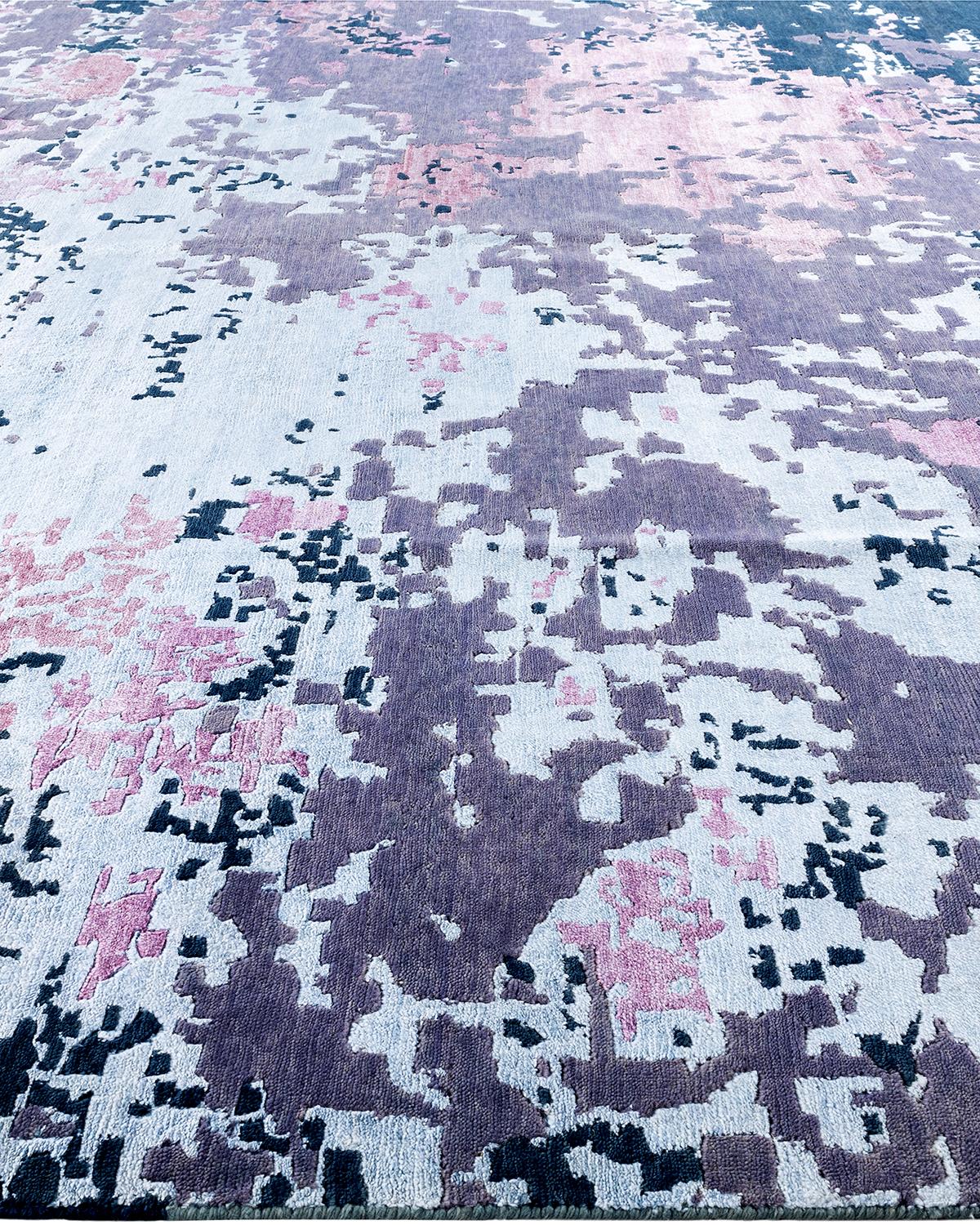 Annodato a mano Tappeto moderno e contemporaneo in seta astratta e lana grigio annodato a mano 8'10