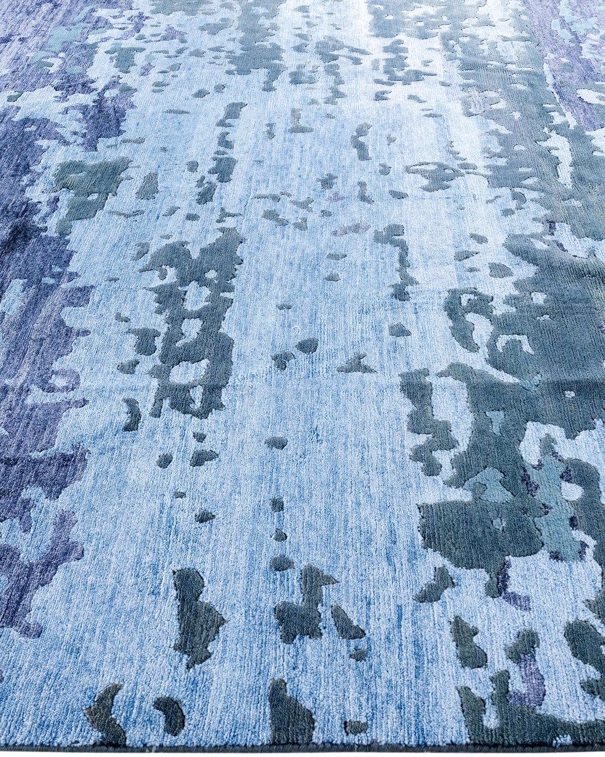 Hand-Knotted Contemporary Modern Hand Knotted Abstract Silk & Wool Gray Area Rug 8'2