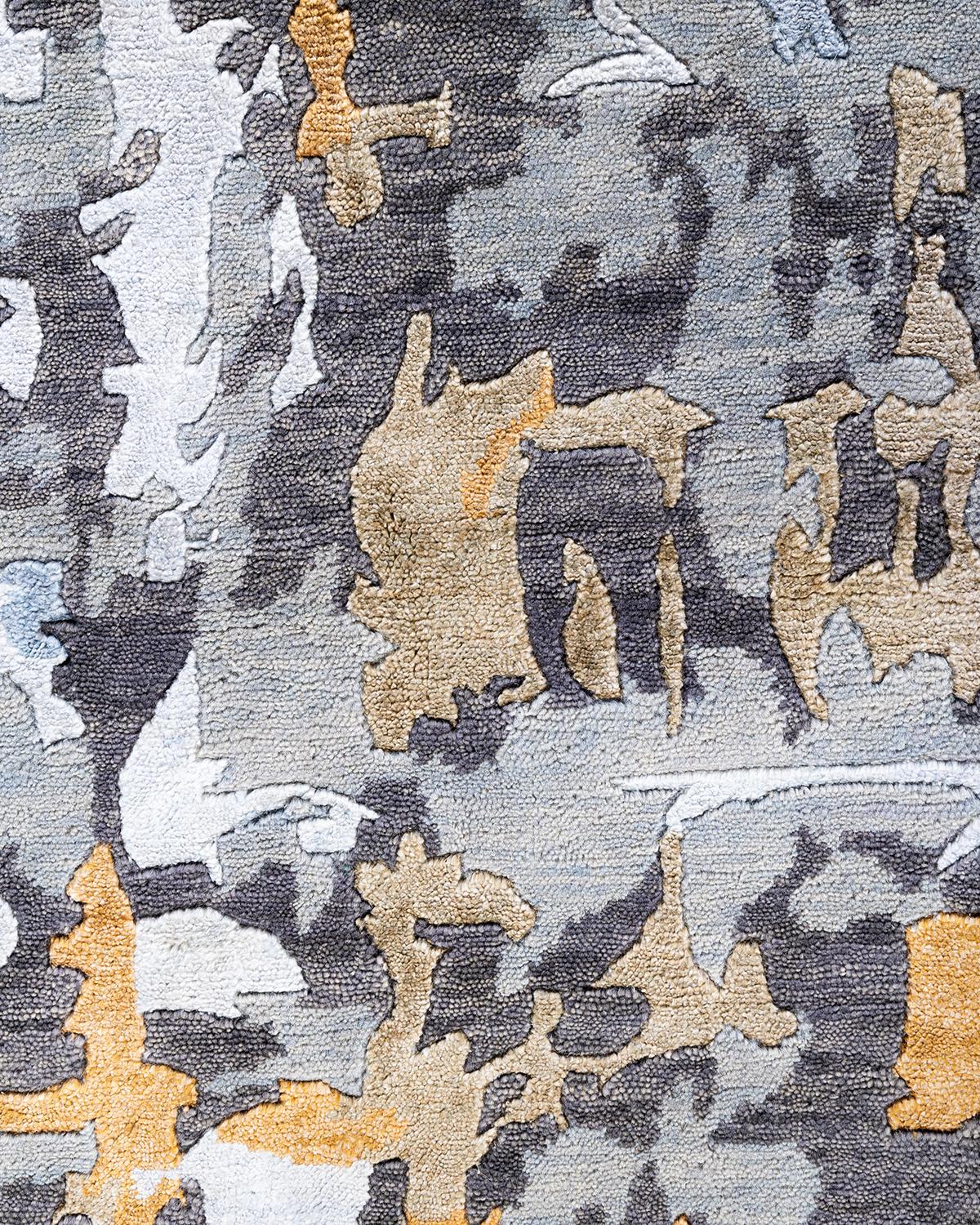 Contemporary Modern Hand Knotted Abstract Silk & Wool Gray Area Rug 8'3